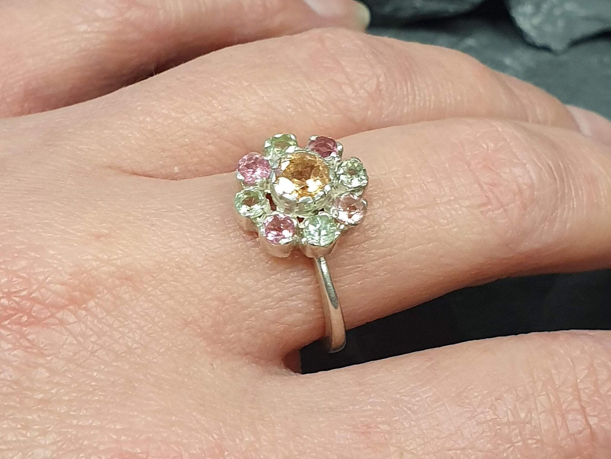Flower Ring, Tourmaline Ring , Natural Tourmaline, Yellow Tourmaline, Vintage Rings, October Birthstone, Solid Silver Ring, Tourmaline