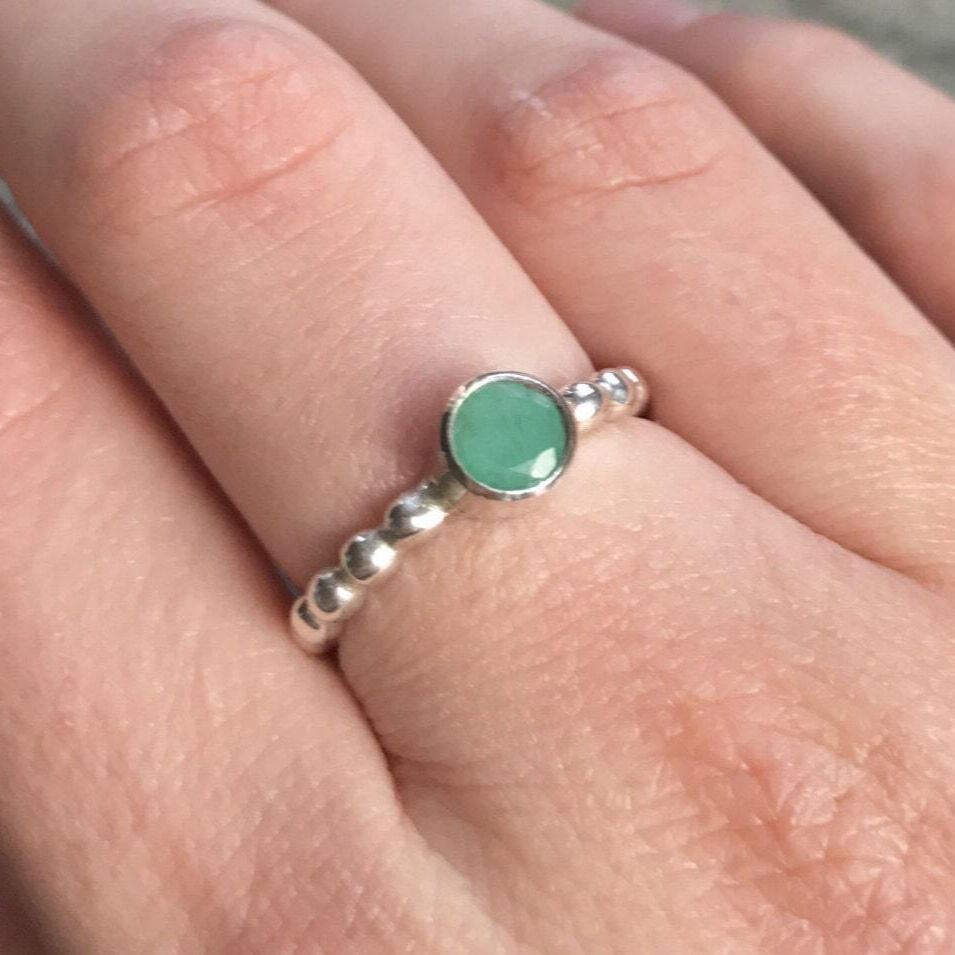925 Sterling Silver Natural Emerald Ring featuring a round emerald in a bezel setting, perfect for May birthdays and special occasions.