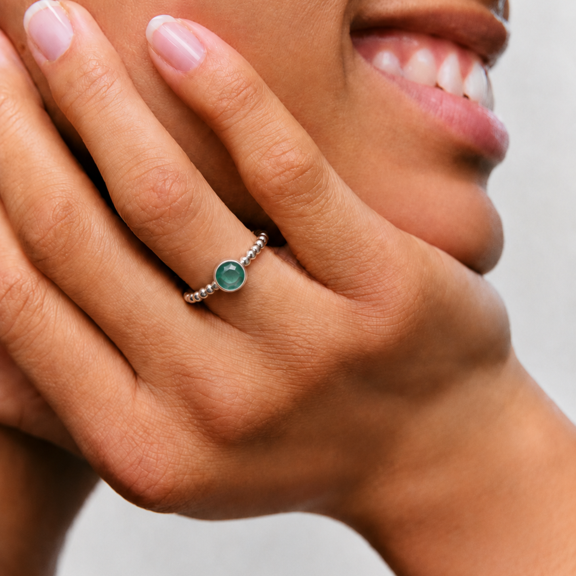 925 Sterling Silver Natural Emerald Ring featuring a round emerald in a bezel setting, perfect for May birthdays and special occasions.