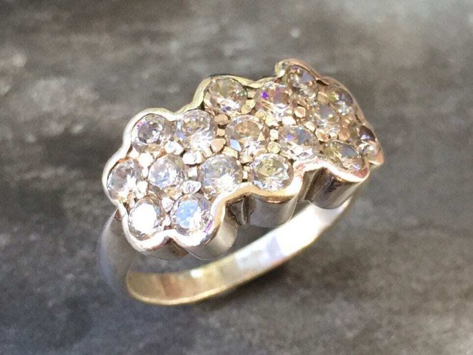 Flower Diamond Band, Vintage Diamond Ring, Created CZ Diamond, Cluster Ring, Wide Ring, Wide Floral Band, Daisy Band, Sterling Silver Ring