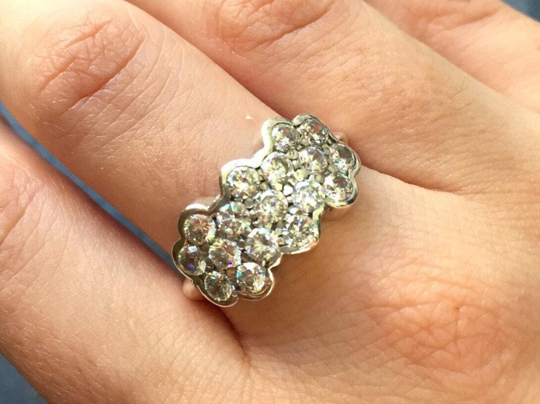 Flower Diamond Band, Vintage Diamond Ring, Created CZ Diamond, Cluster Ring, Wide Ring, Wide Floral Band, Daisy Band, Sterling Silver Ring