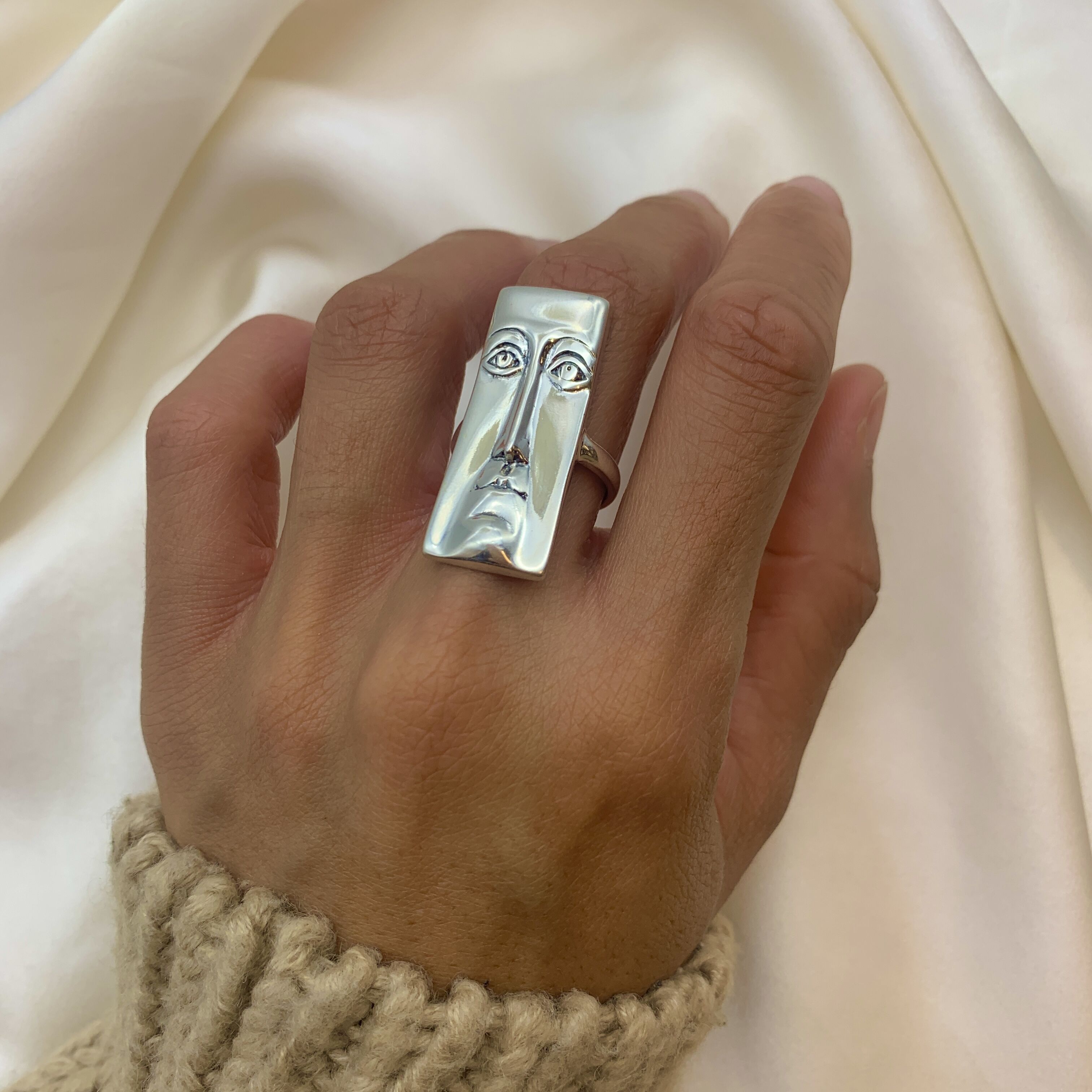 Face Ring, Long Ring, Artistic Silver Ring, Silver Face Ring, Ancient American, Rectangle Ring, Boho Ring, Sterling Silver Ring, Unisex Ring