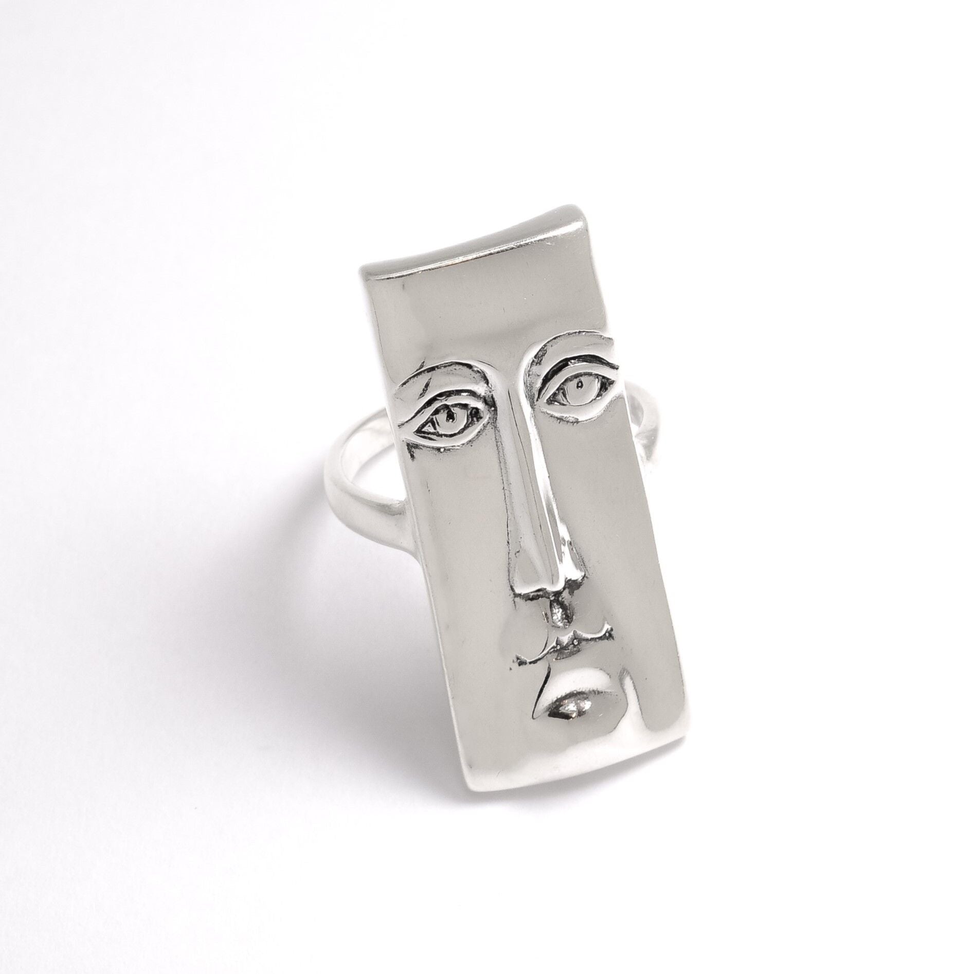 Face Ring, Long Ring, Artistic Silver Ring, Silver Face Ring, Ancient American, Rectangle Ring, Boho Ring, Sterling Silver Ring, Unisex Ring