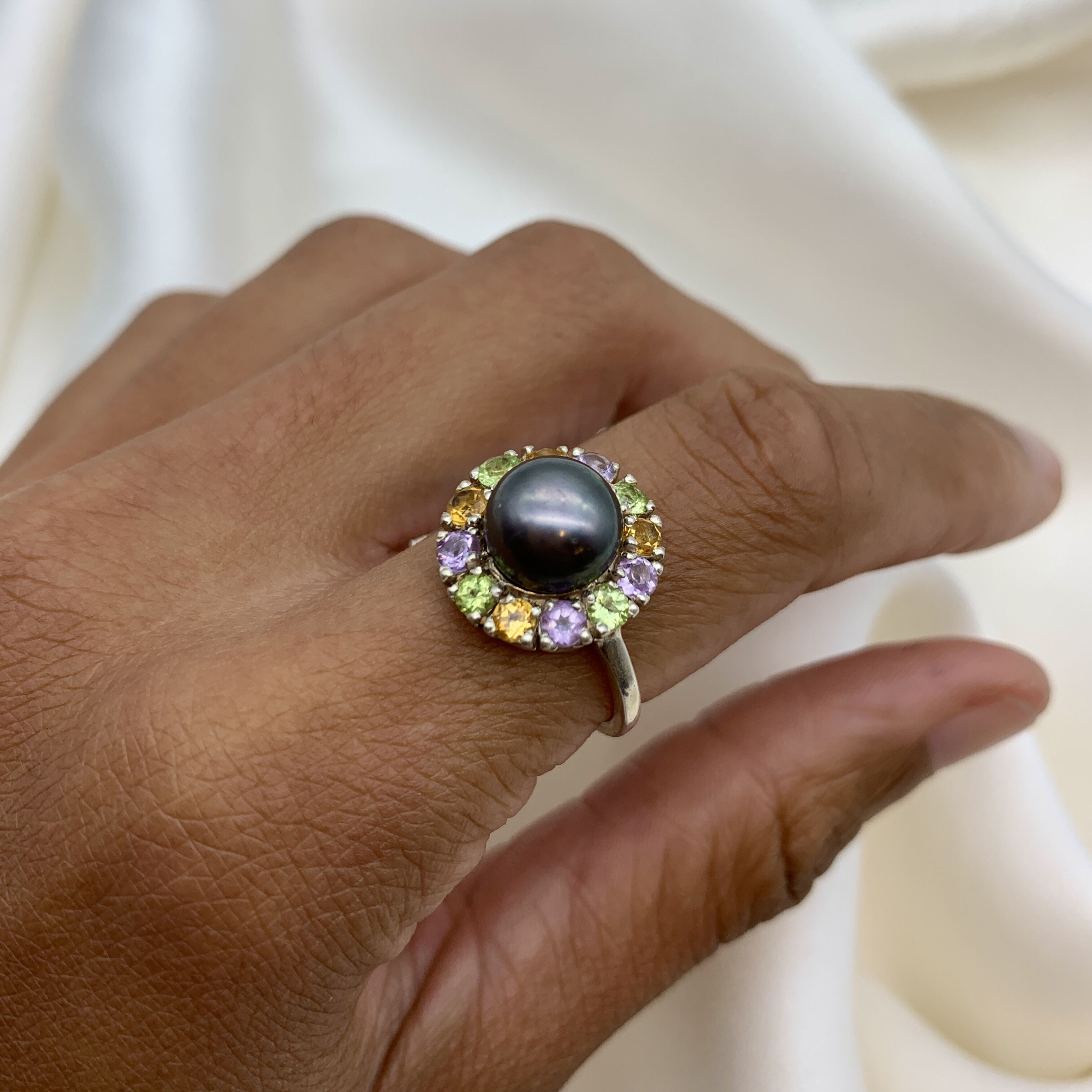 Black Pearl Ring, Birthstone Ring, Natural Pearl, Topaz Ring, Amethyst, Citrine, Peridot, Solid Silver, Colorful Topaz Halo, Multicolor Ring