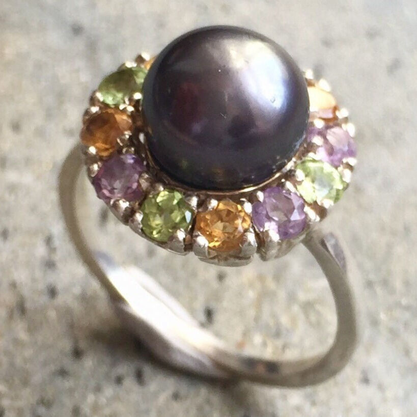 Black Pearl Ring, Birthstone Ring, Natural Pearl, Topaz Ring, Amethyst, Citrine, Peridot, Solid Silver, Colorful Topaz Halo, Multicolor Ring