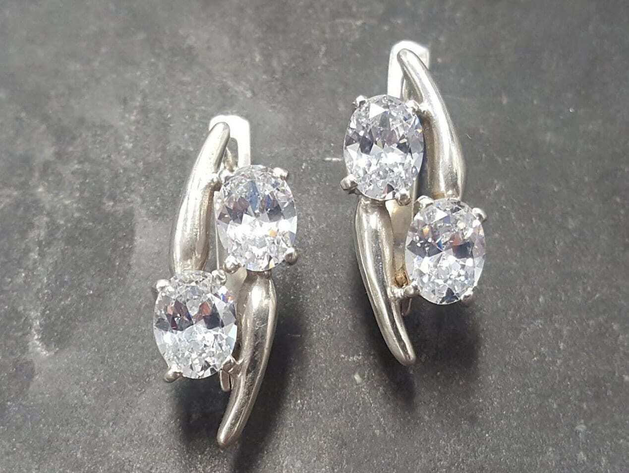 Diamond Earrings, Created Diamond, 2 Stone Earrings, White Vintage Earrings, Asymmetric Earrings, Bridal Earrings, Solid Silver Earrings