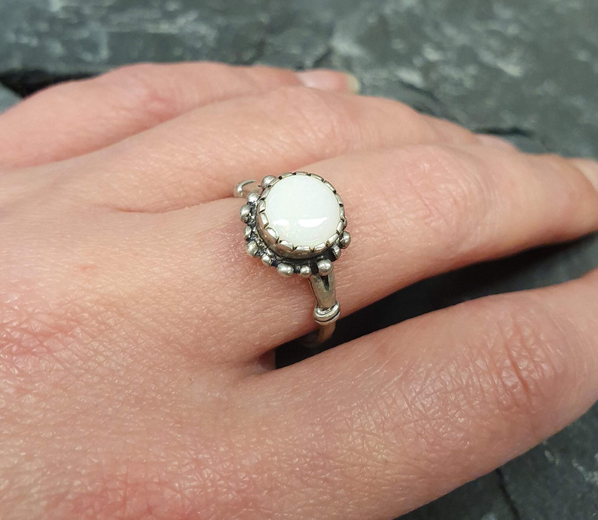 Round Opal Ring, Natural Opal, Vintage Ring, Flower Ring, October Birthstone, Fire Opal Ring, Antique Ring, White Ring, Sterling Silver Ring