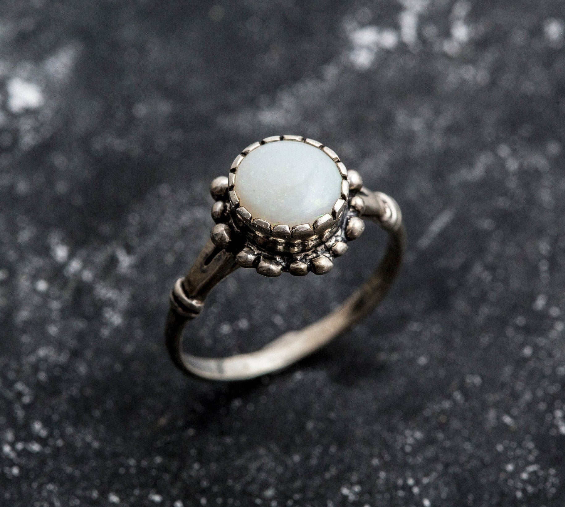 Round Opal Ring, Natural Opal, Vintage Ring, Flower Ring, October Birthstone, Fire Opal Ring, Antique Ring, White Ring, Sterling Silver Ring