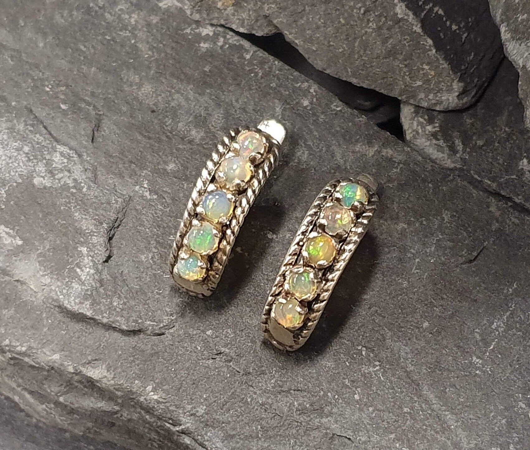 Opal Earrings, Natural Opal, October Birthstone, Half Eternity Studs, Vintage Opal Studs, Ethiopian Opal Studs, Solid Silver Earrings