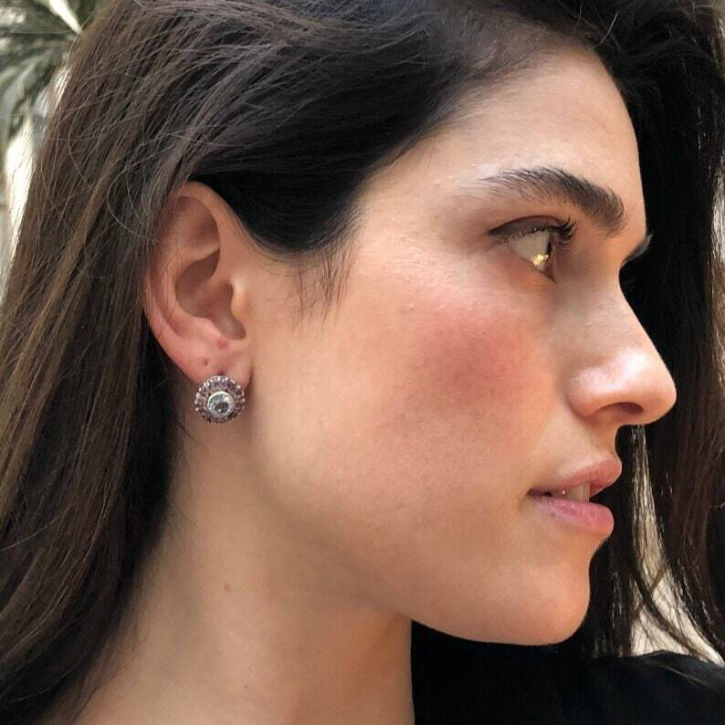 Elegant 925 Sterling Silver Emerald Earrings with Halo setting, perfect May birthstone gift for special occasions.