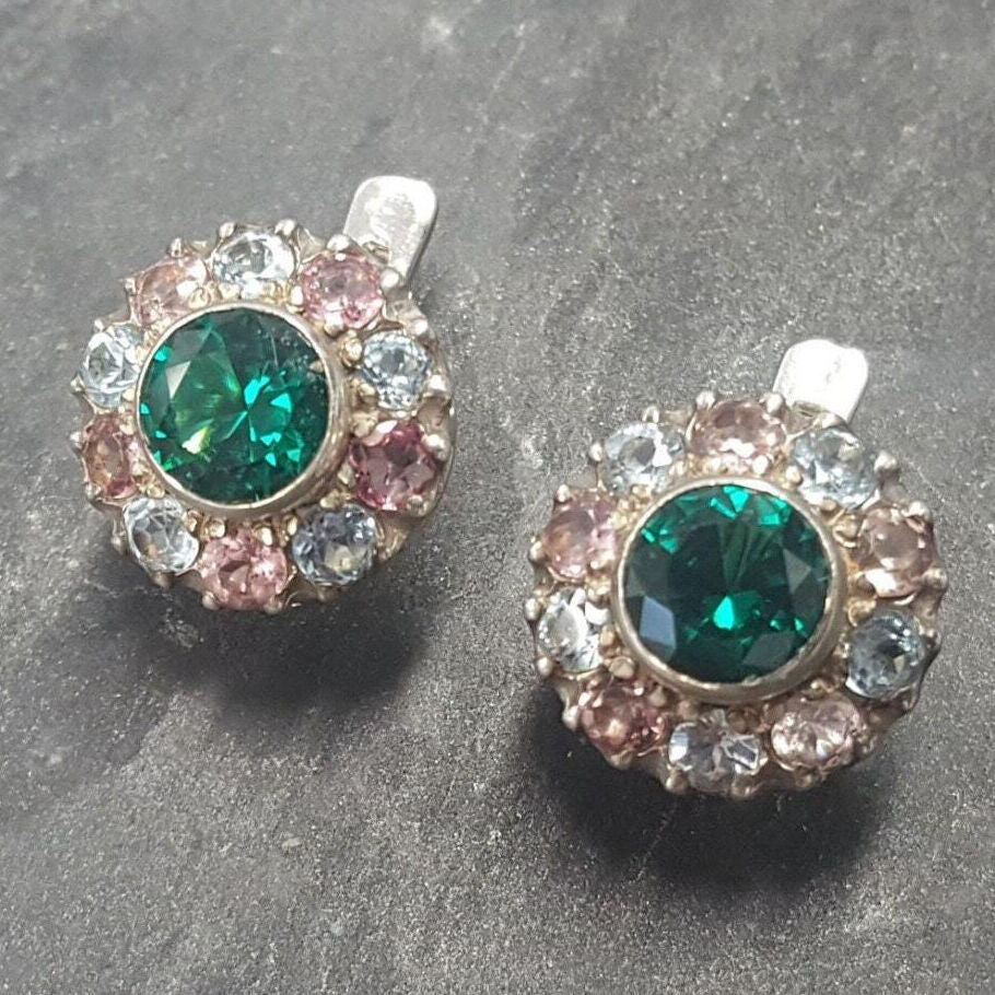 Created Emerald Earrings made in 925 Sterling Silver with Round Created Green Emerald in Halo setting, May Birthstone gift idea, symbolizes, ideal for everyday wear and perfect for birthday gifting and special occasions.