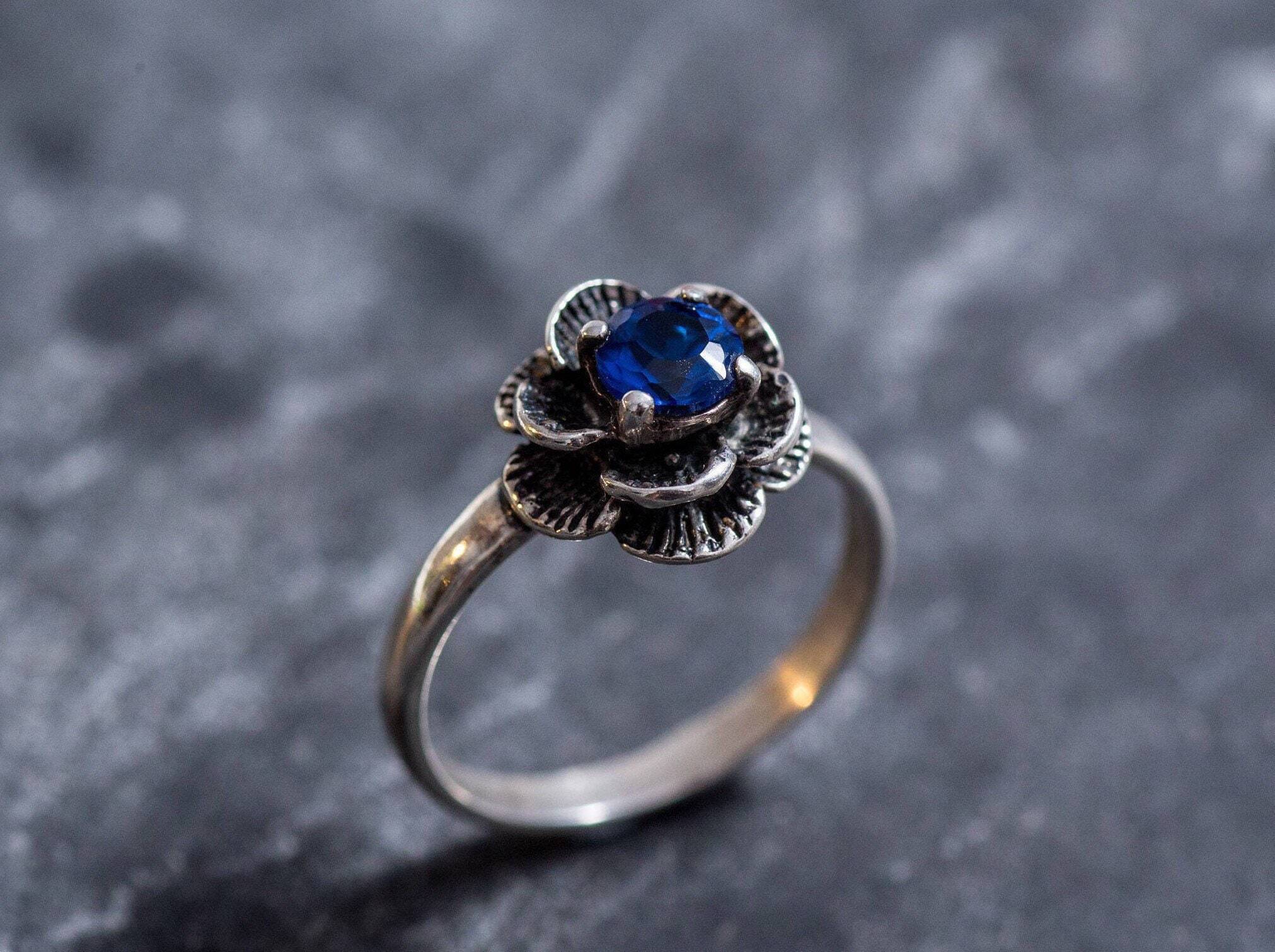 Rose Sapphire Ring - Solitaire Flower Ring, Blue Promise Ring