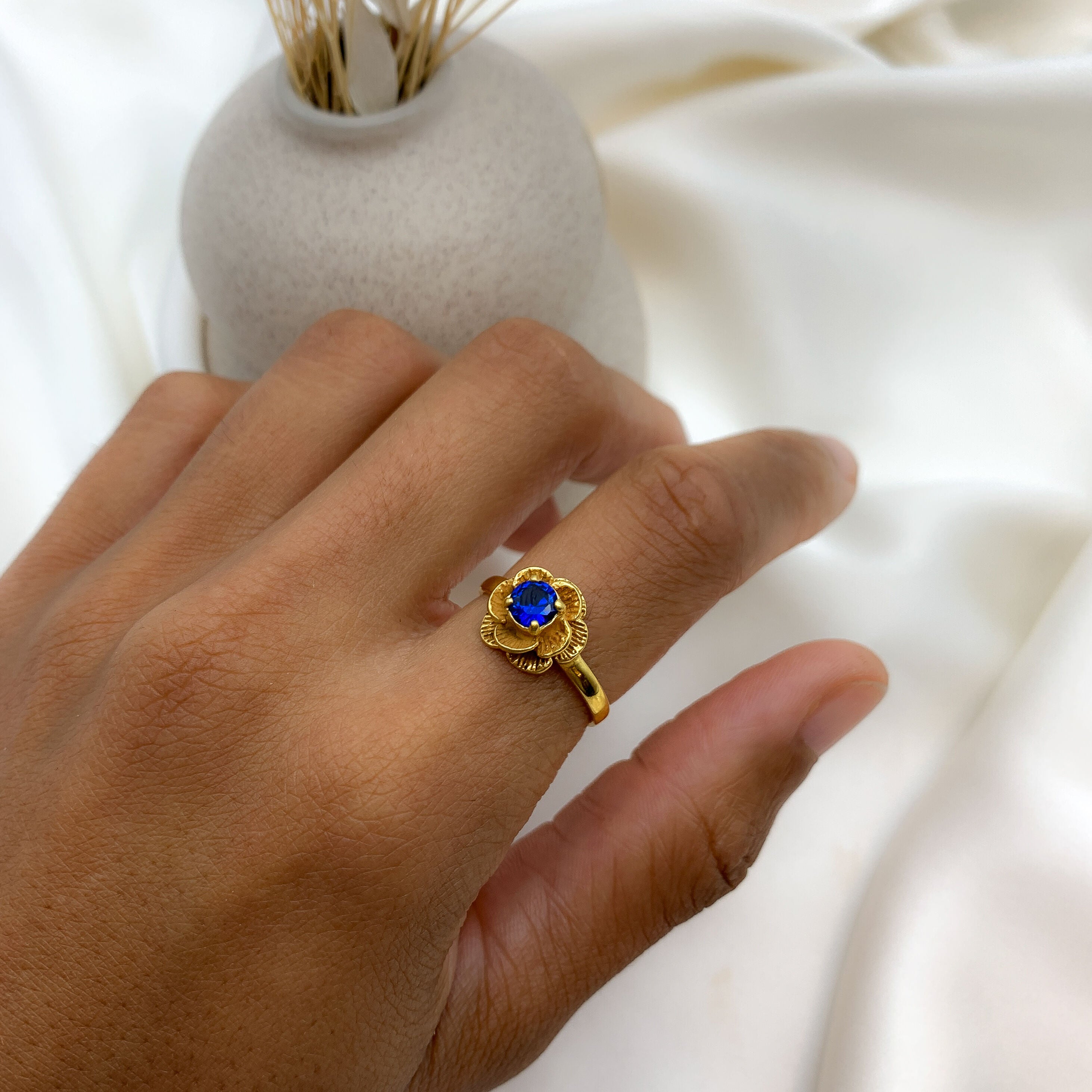 Created Sapphire Ring in 18k Gold Vermeil, featuring a round blue sapphire. Ideal September birthstone gift for daily wear.