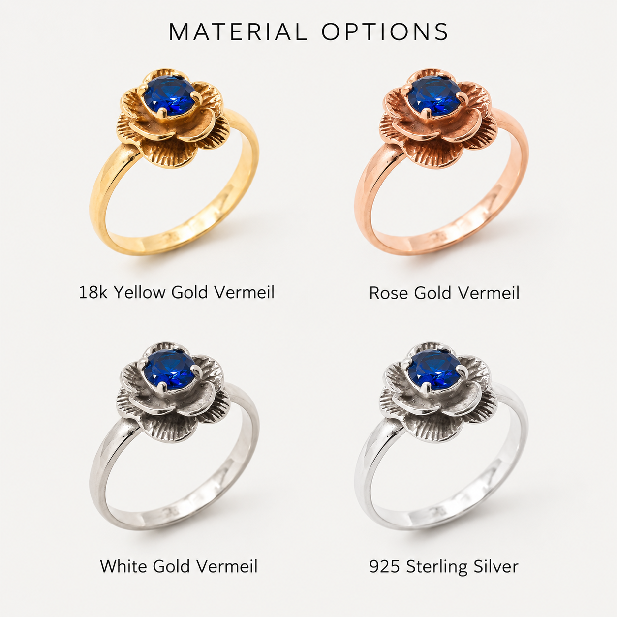 Elegant Created Sapphire Ring in 18k Gold Vermeil, featuring a round sapphire, symbolizes truth and perfect for special occasions.