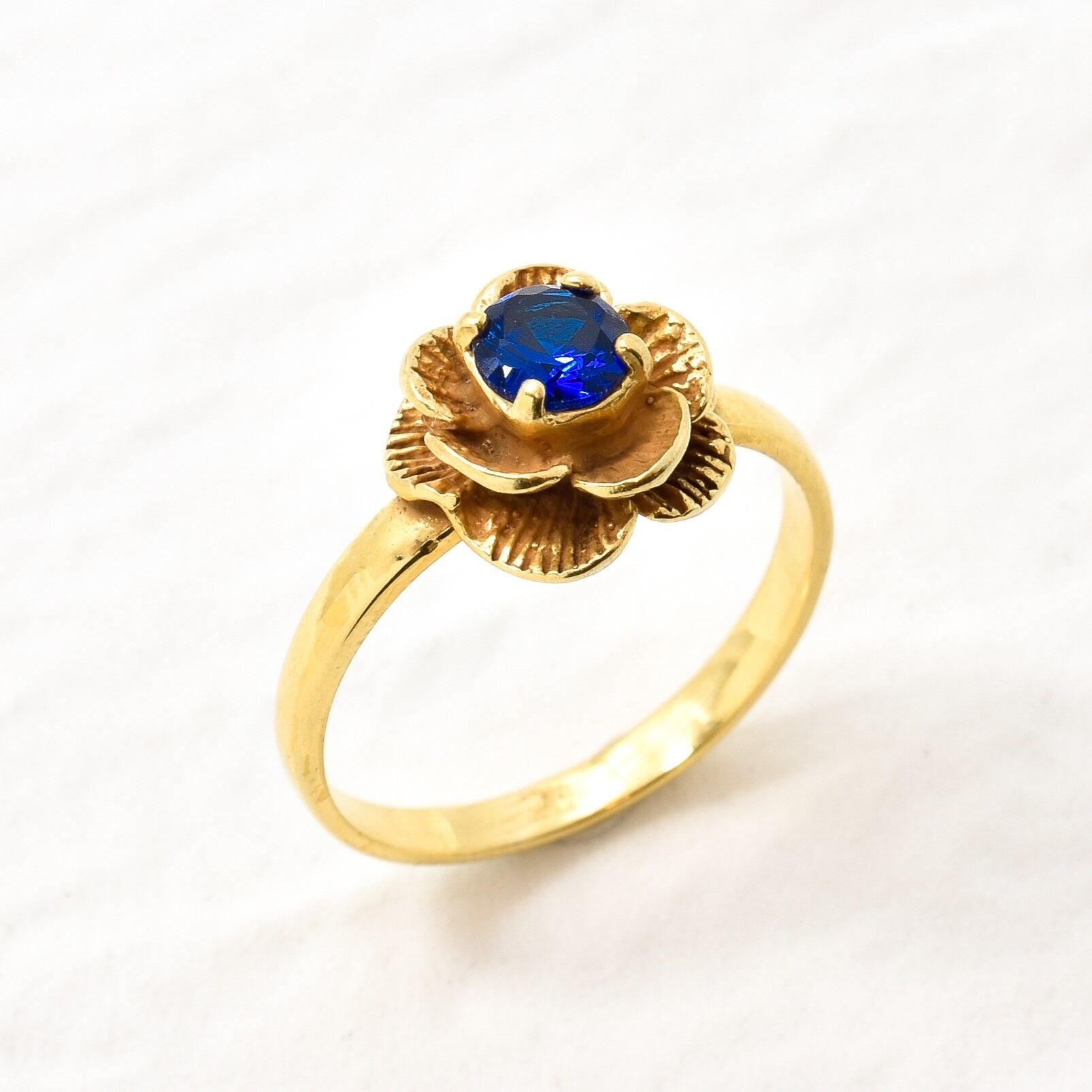 Created Sapphire Ring made in 18k Gold Vermeil with Round Created Blue Sapphire in Prong setting, September Birthstone gift idea, symbolizes sincerity, truth, and faithfulness, ideal for everyday wear and perfect for birthday gifting and special occasions.