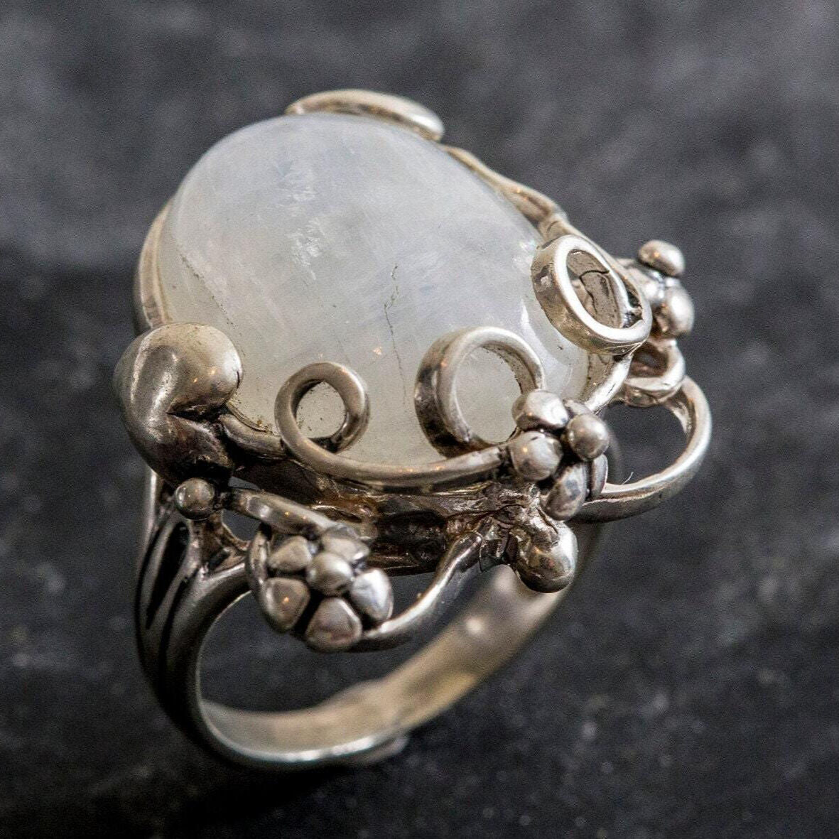 Floral Moonstone Ring, Rainbow Moonstone, Floral Rings, June Birthstone, Natural Moonstone, Leaf Ring, Large Moonstone, Solid Silver Ring