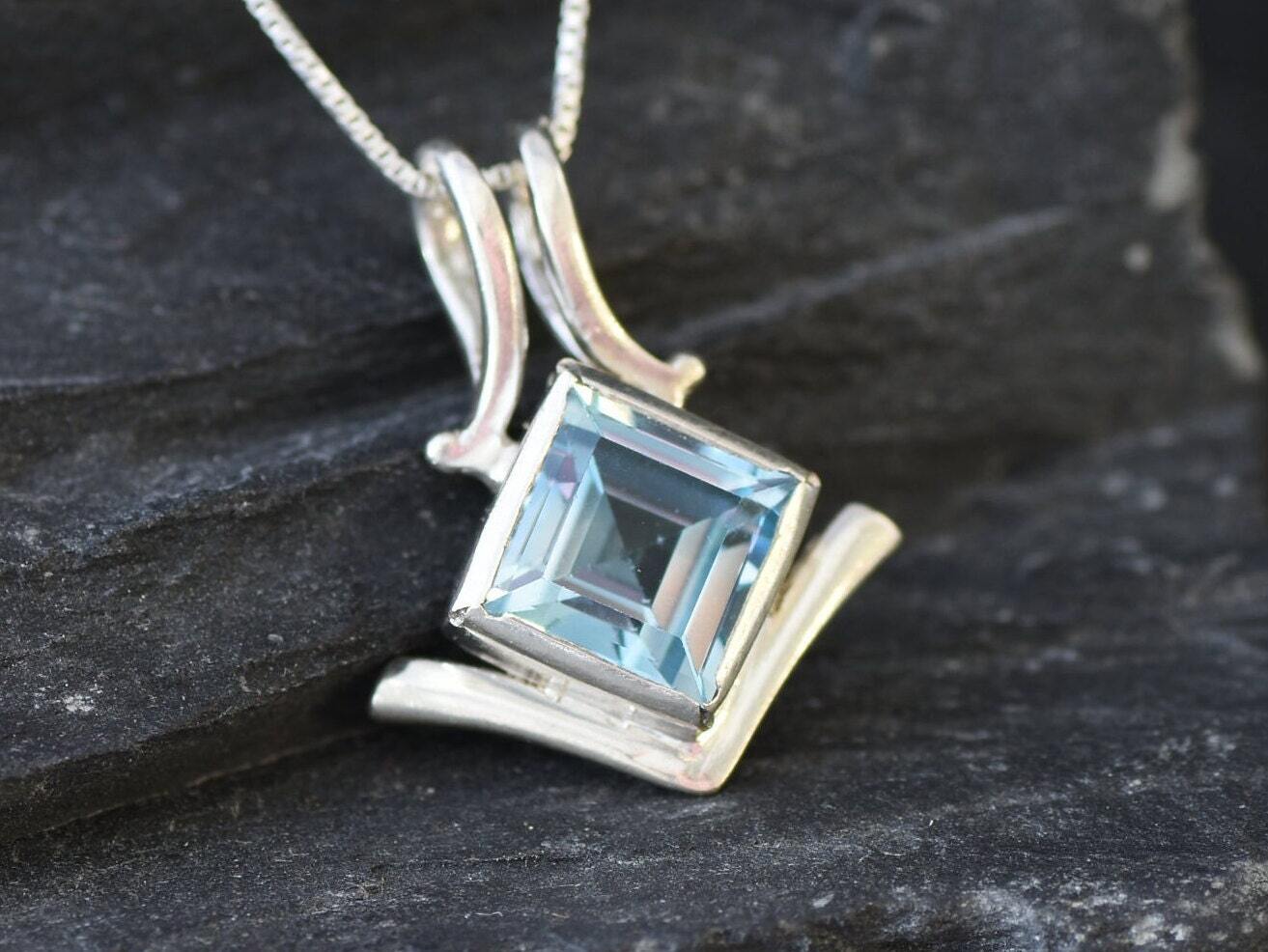 Blue Topaz Pendant, Square Pendant, Natural Blue Topaz, December Birthstone, December Necklace, Asymmetric Pendant, Artisan Necklace, Topaz