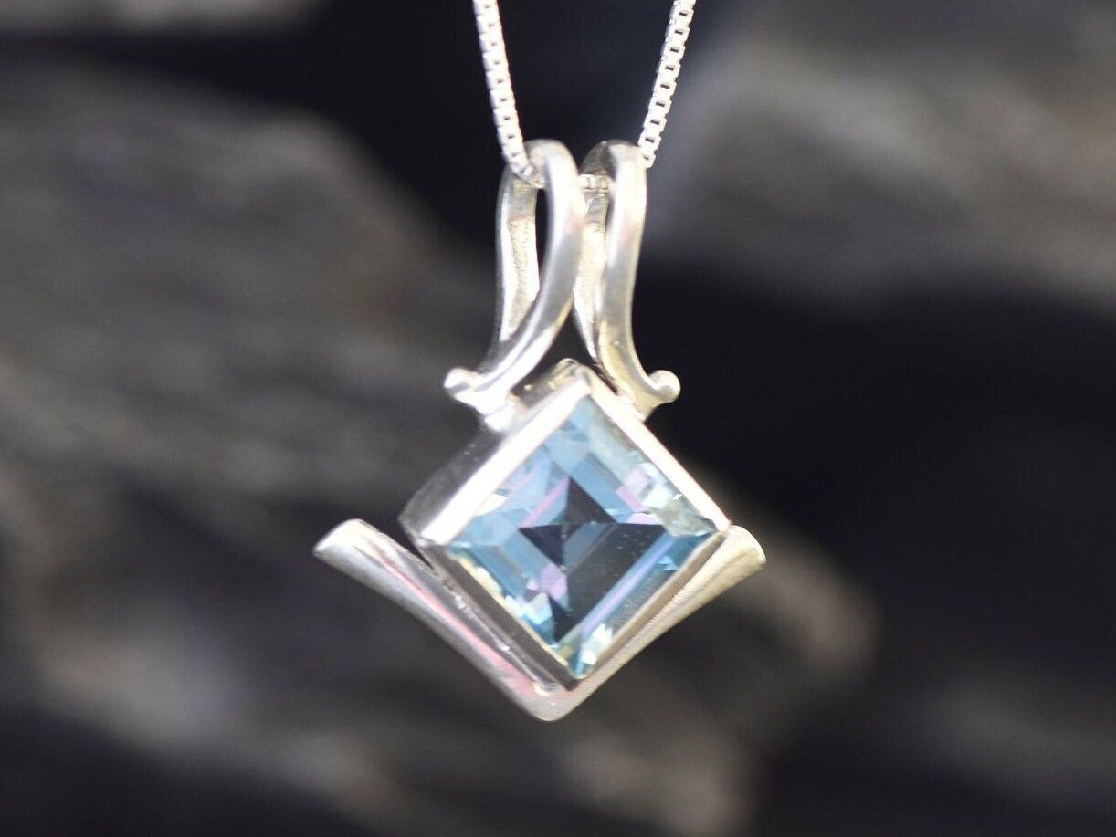 Blue Topaz Pendant, Square Pendant, Natural Blue Topaz, December Birthstone, December Necklace, Asymmetric Pendant, Artisan Necklace, Topaz