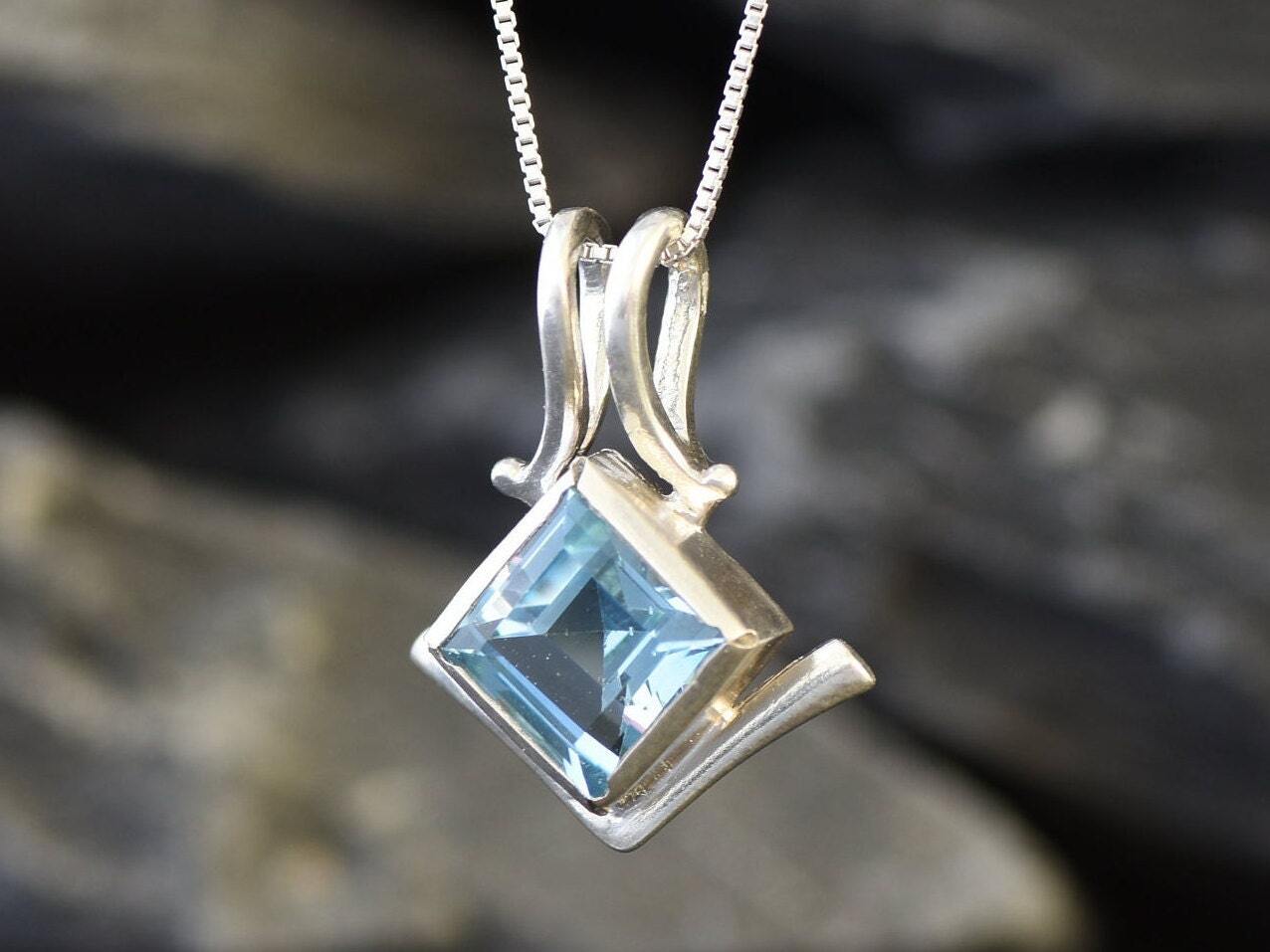 Blue Topaz Pendant, Square Pendant, Natural Blue Topaz, December Birthstone, December Necklace, Asymmetric Pendant, Artisan Necklace, Topaz