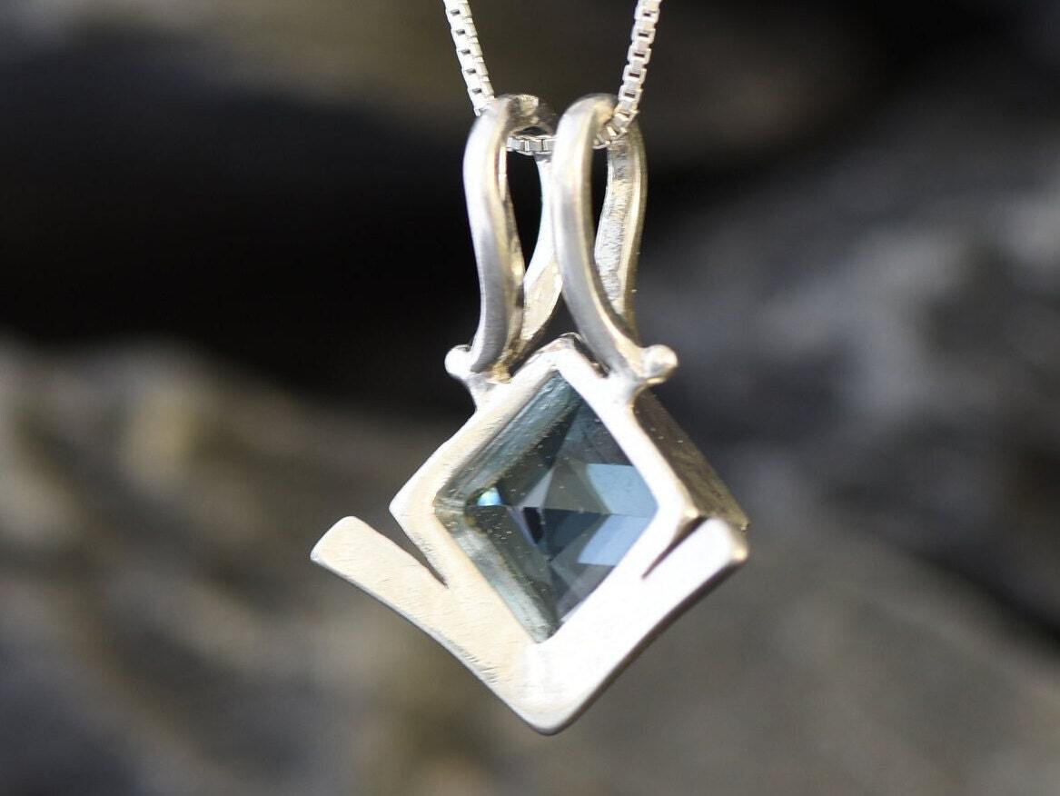 Blue Topaz Pendant, Square Pendant, Natural Blue Topaz, December Birthstone, December Necklace, Asymmetric Pendant, Artisan Necklace, Topaz