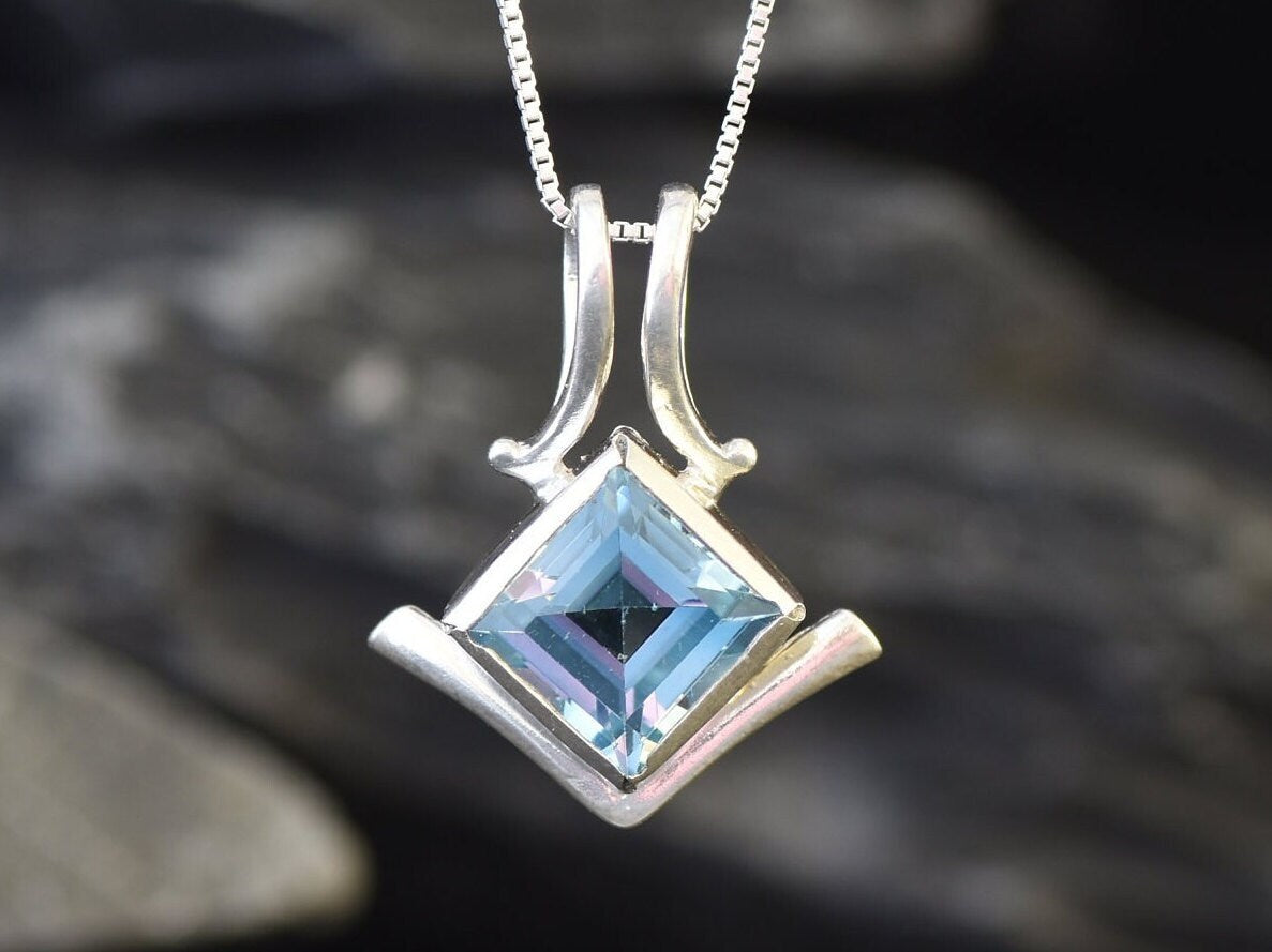 Blue Topaz Pendant, Square Pendant, Natural Blue Topaz, December Birthstone, December Necklace, Asymmetric Pendant, Artisan Necklace, Topaz