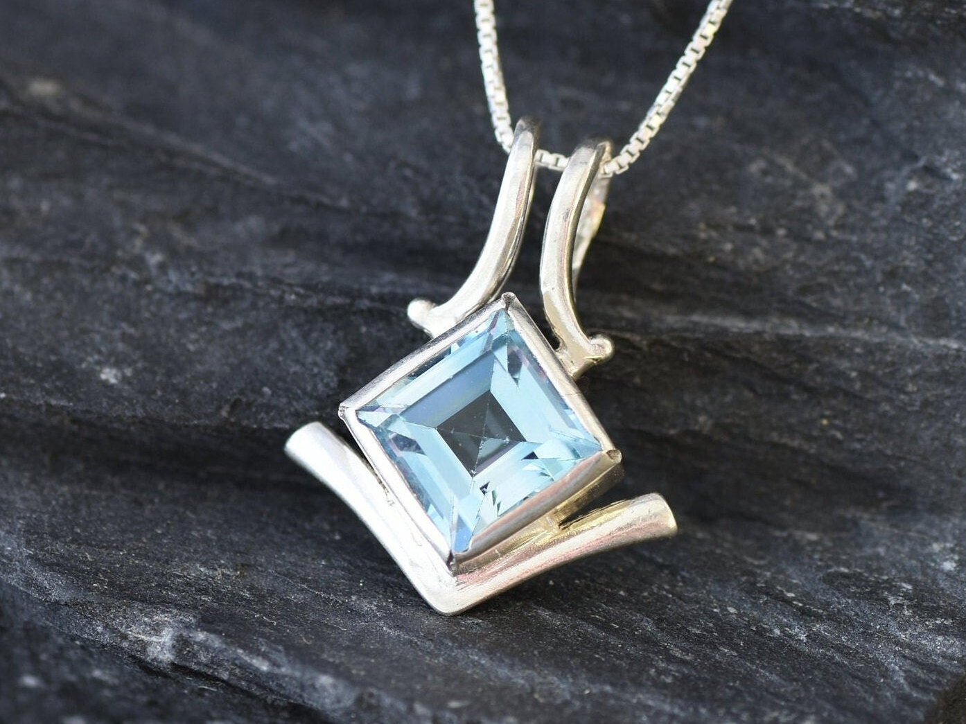 Blue Topaz Pendant, Square Pendant, Natural Blue Topaz, December Birthstone, December Necklace, Asymmetric Pendant, Artisan Necklace, Topaz