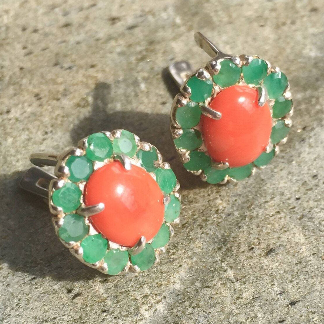 Emerald Earrings, Natural Emerald, Coral Earrings, Natural Coral, Vintage Emerald, Orange Coral, March Birthstone, May Birthstone, Silver