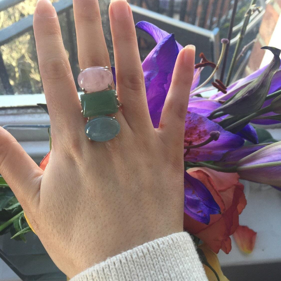 Statement Ring, Aquamarine Ring, Healing Crystals, Birthstone Ring, Rose Quartz Ring, Green Aventurine Ring, Genuine Gemstones Ring