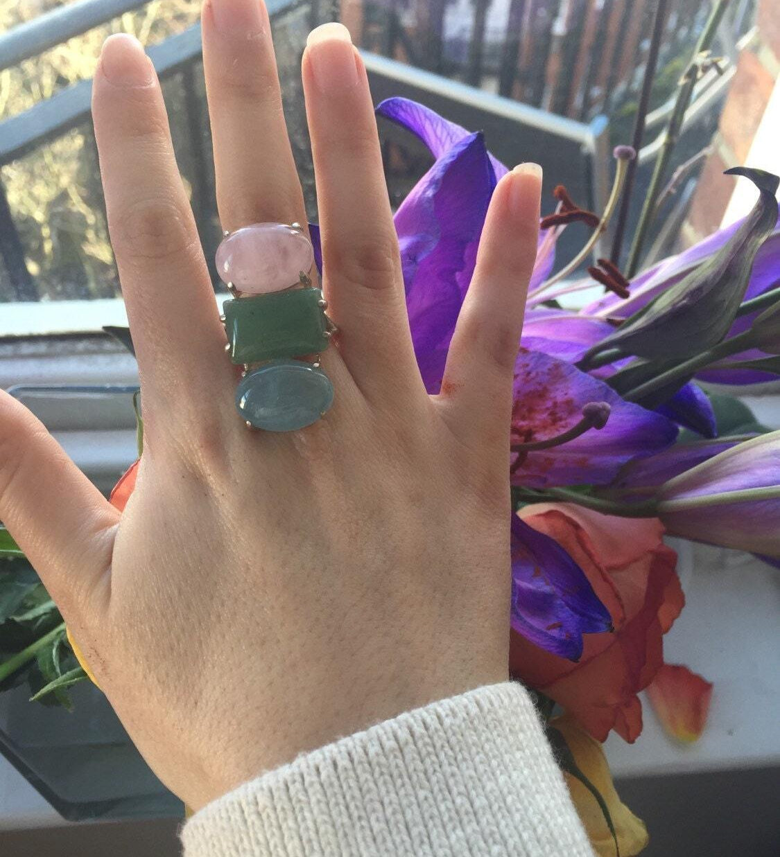 Statement Ring, Aquamarine Ring, Healing Crystals, Birthstone Ring, Rose Quartz Ring, Green Aventurine Ring, Genuine Gemstones Ring