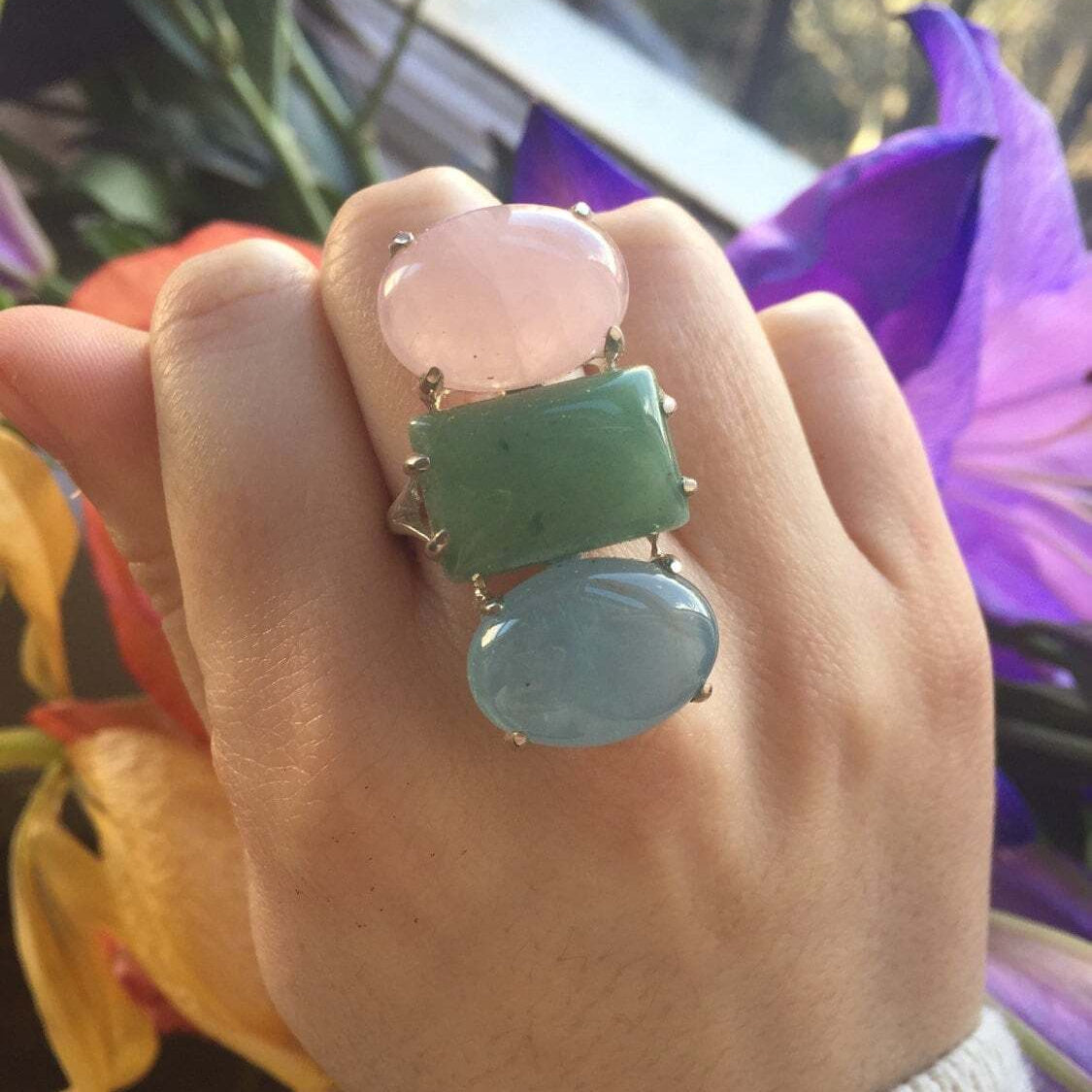 Statement Ring, Aquamarine Ring, Healing Crystals, Birthstone Ring, Rose Quartz Ring, Green Aventurine Ring, Genuine Gemstones Ring