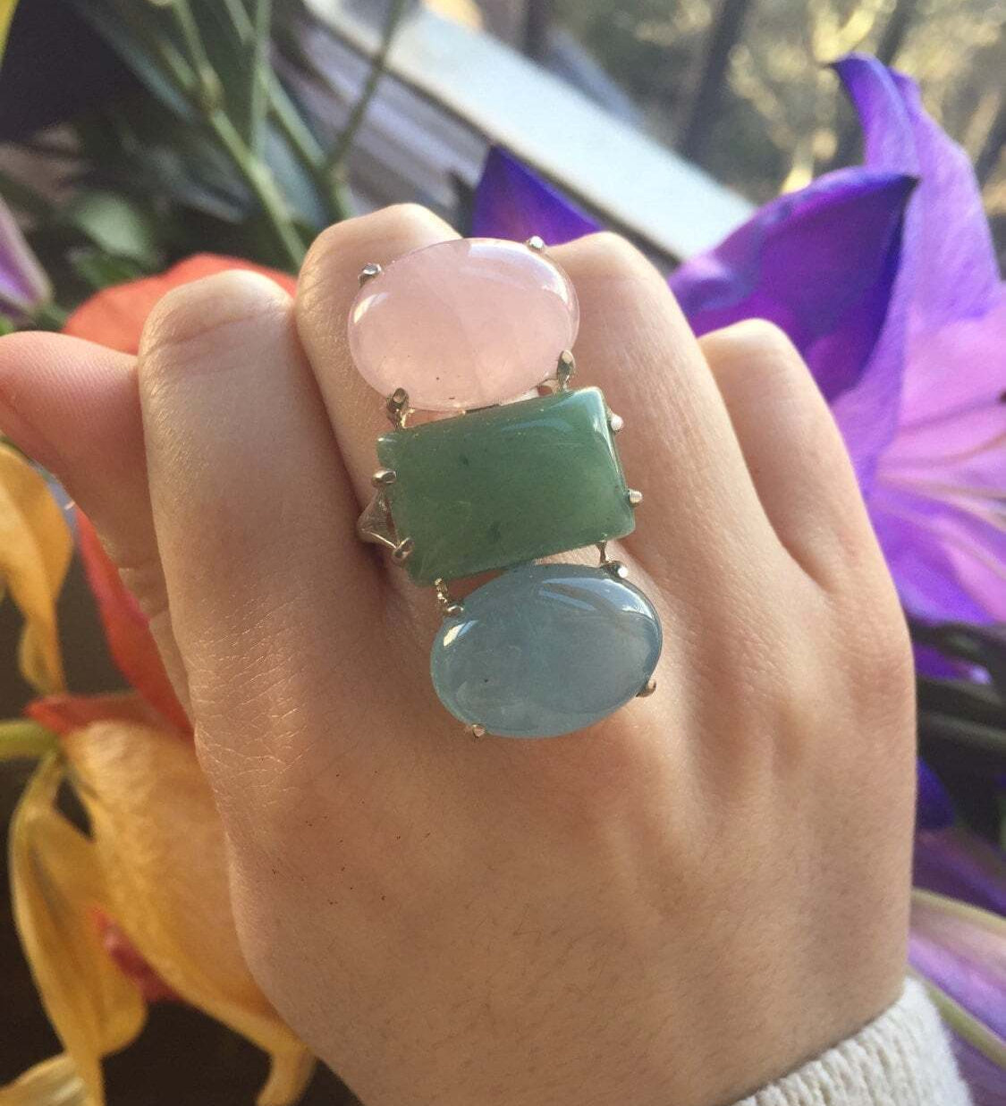 Statement Ring, Aquamarine Ring, Healing Crystals, Birthstone Ring, Rose Quartz Ring, Green Aventurine Ring, Genuine Gemstones Ring