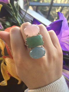 Statement Ring, Aquamarine Ring, Healing Crystals, Birthstone Ring, Rose Quartz Ring, Green Aventurine Ring, Genuine Gemstones Ring