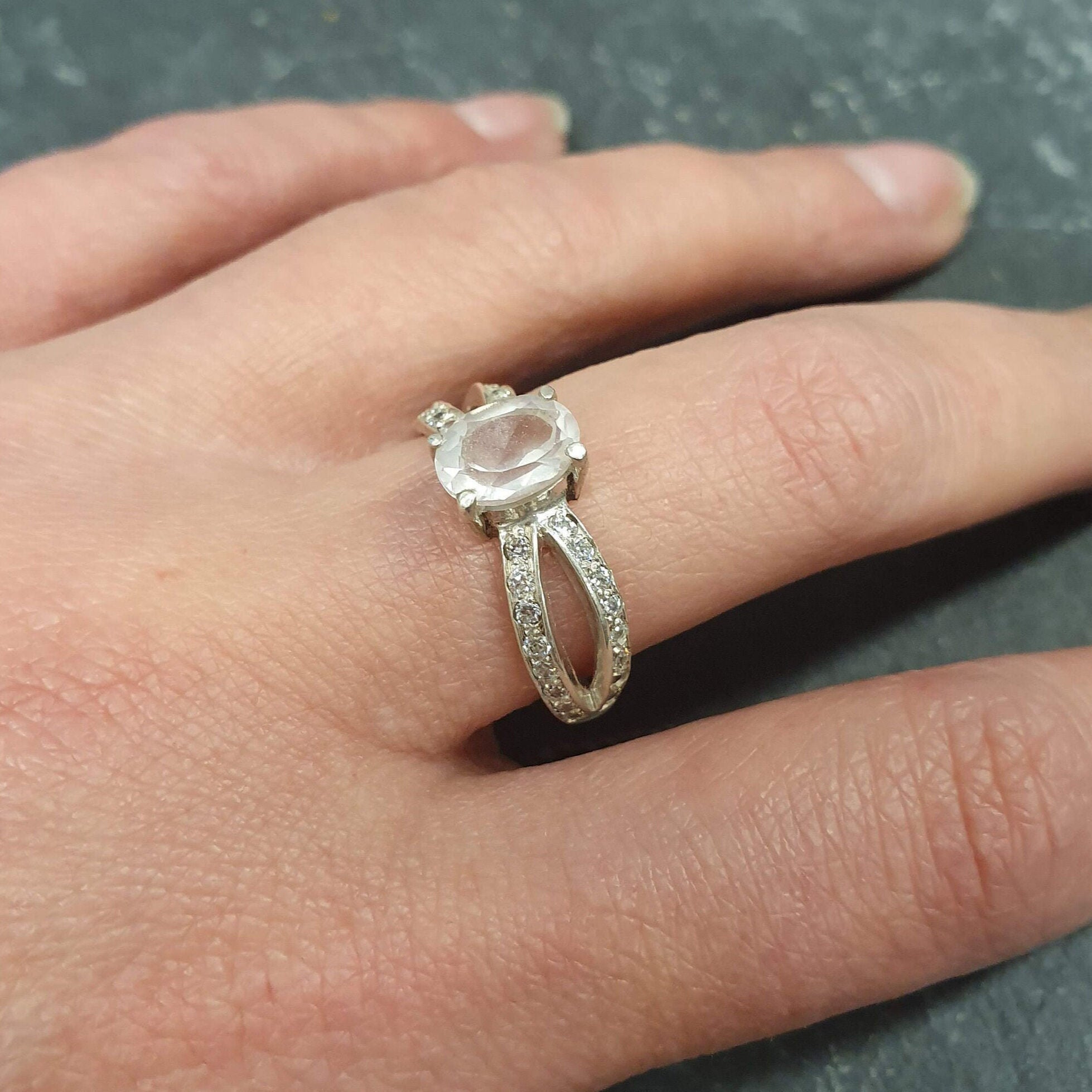 Rose Quartz Ring, Natural Rose Quartz, Pink Diamond Ring, Pink Engagement Ring, Love Ring, Promise Ring, Double Band, Sterling Silver Ring