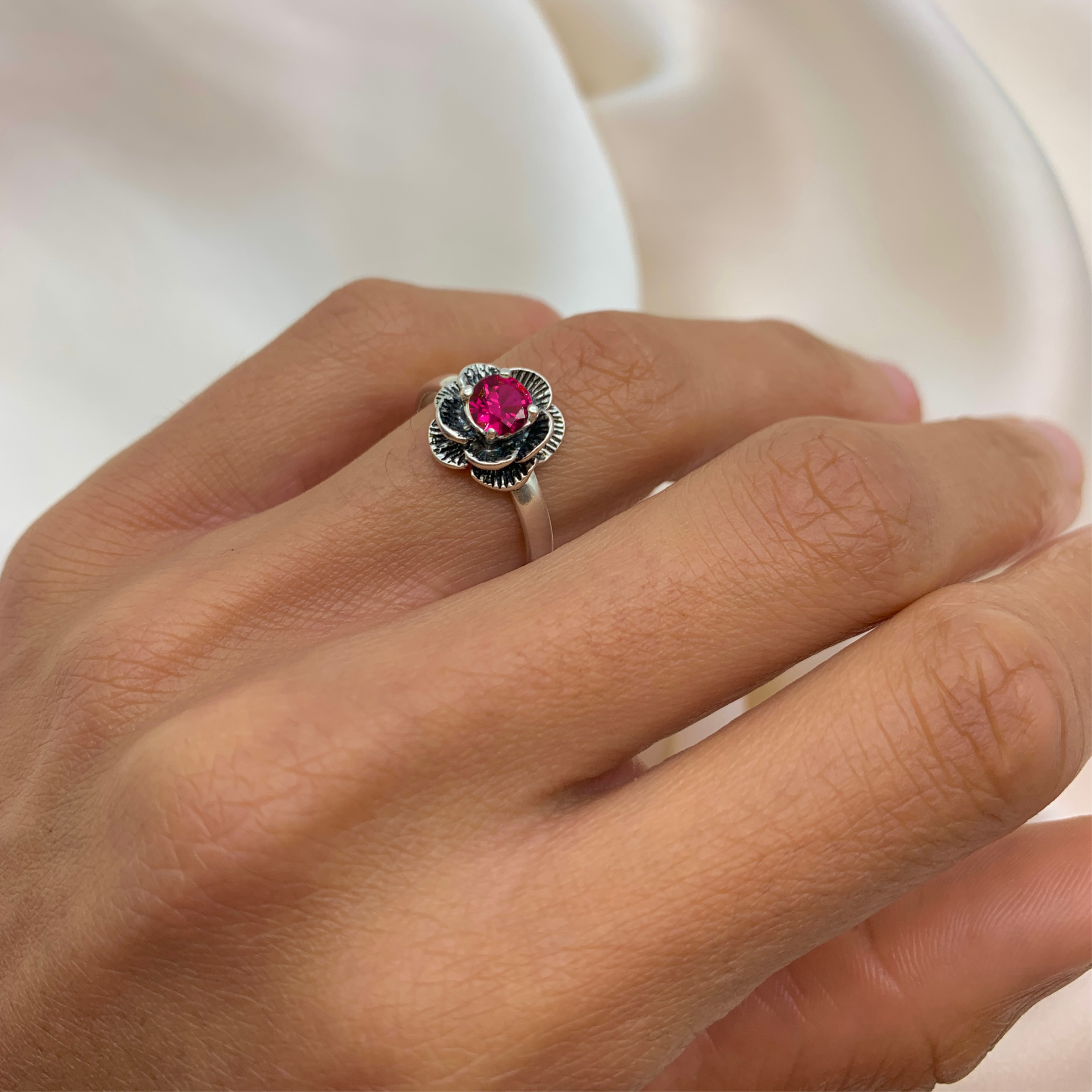 Elegant 925 Sterling Silver Ruby Ring with Round Created Red Ruby, perfect for July birthdays and special occasions.