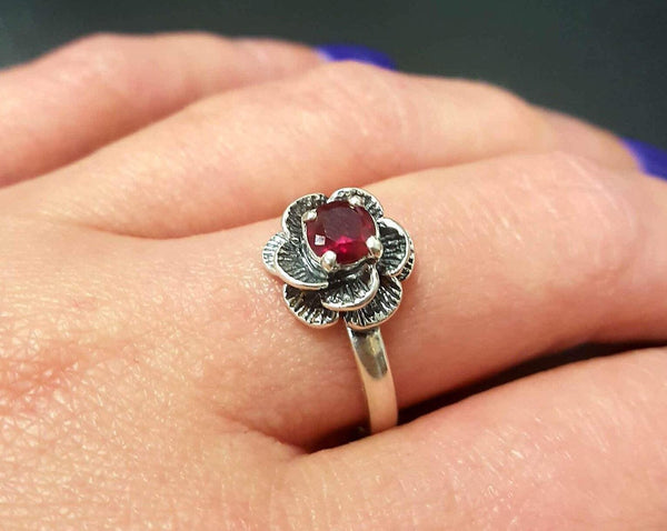 Flower Ruby Ring, Created Ruby, Red Ruby Ring, Silver Flower Ring, Red