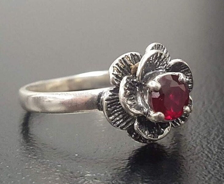 Flower Ruby Ring, Created Ruby, Red Ruby Ring, Silver Flower Ring, Red