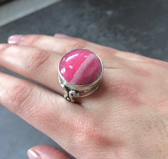Rhodochrosite Ring, February Birthstone, Vintage Ring, Rhodochrosite, Large Red Ring, Natural Stone, Large Rhodochrosite, Solid Silver Ring