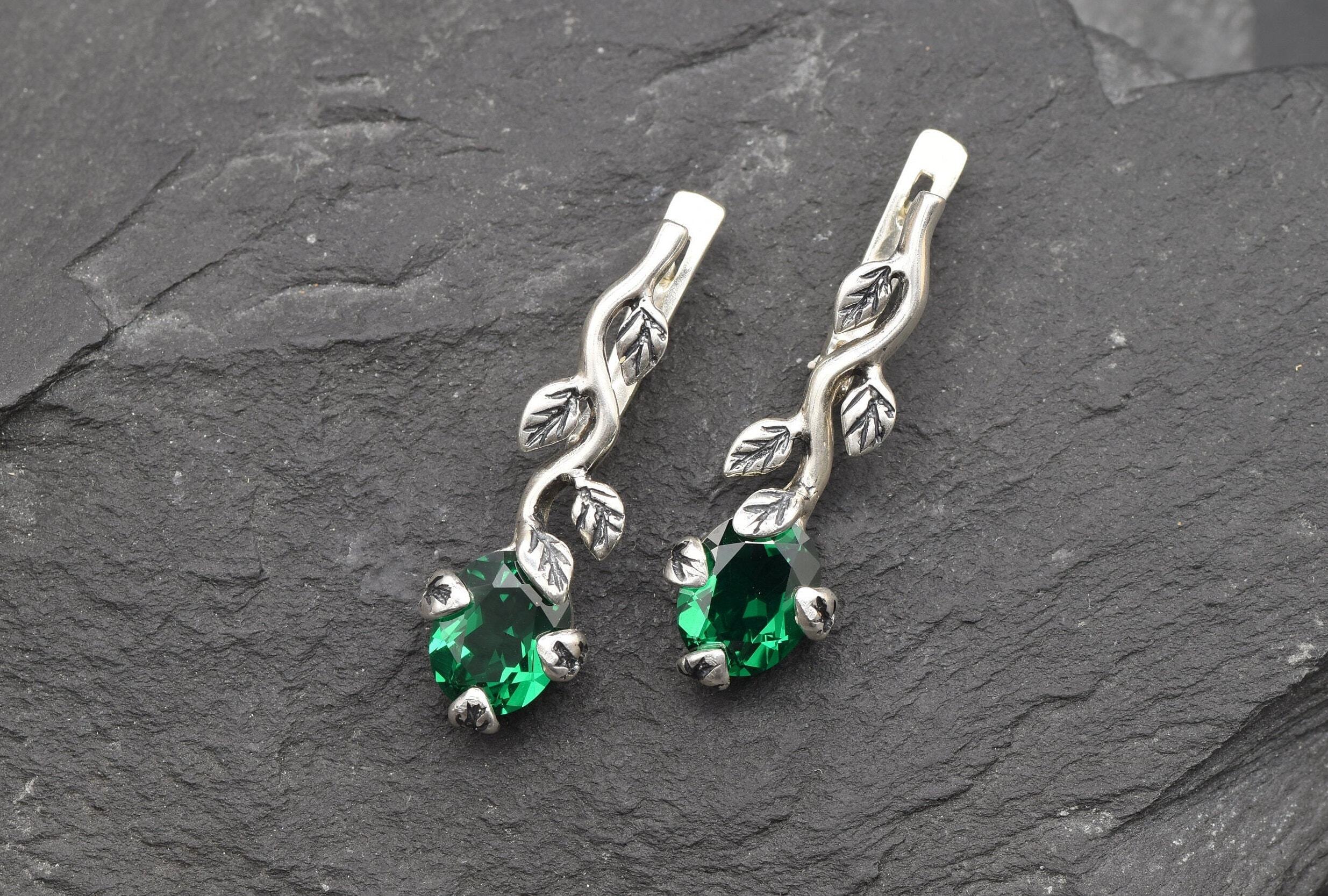 Created Emerald Earrings made in 925 Sterling Silver with Oval Created Green Emerald in Prong setting, May Birthstone gift idea, symbolizes, ideal for everyday wear and perfect for birthday gifting and special occasions.