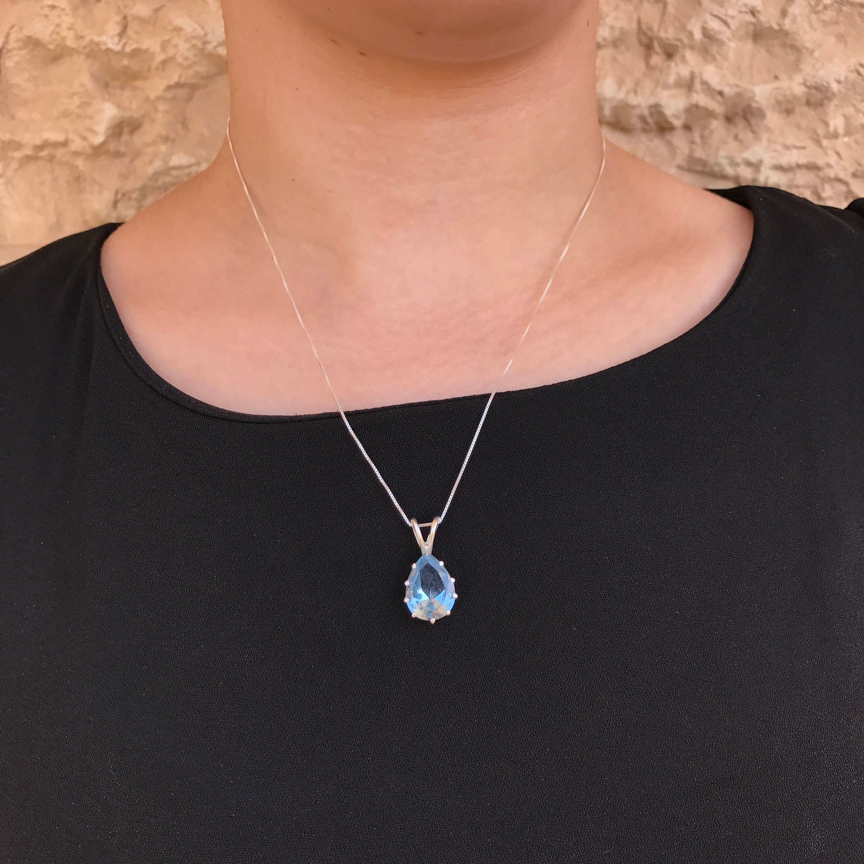 Aquamarine Pendant, Teardrop Pendant, Created Aquamarine, Aqua Necklace, Large Stone Pendant, Vintage Pendant, Blue Pendant, Solid Silver
