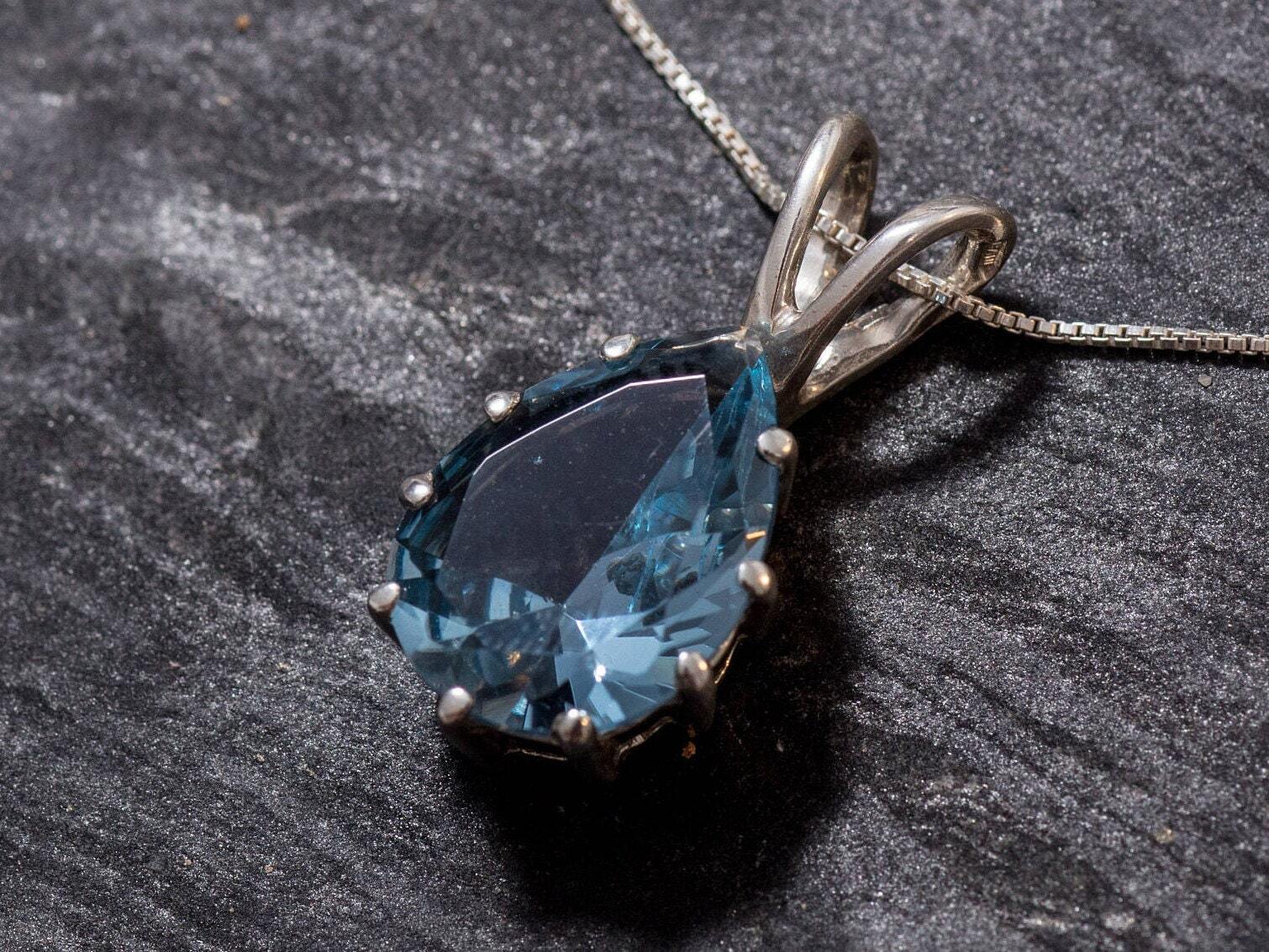 Aquamarine Pendant, Teardrop Pendant, Created Aquamarine, Aqua Necklace, Large Stone Pendant, Vintage Pendant, Blue Pendant, Solid Silver