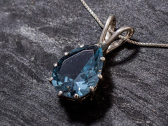 Aquamarine Pendant, Teardrop Pendant, Created Aquamarine, Aqua Necklace, Large Stone Pendant, Vintage Pendant, Blue Pendant, Solid Silver