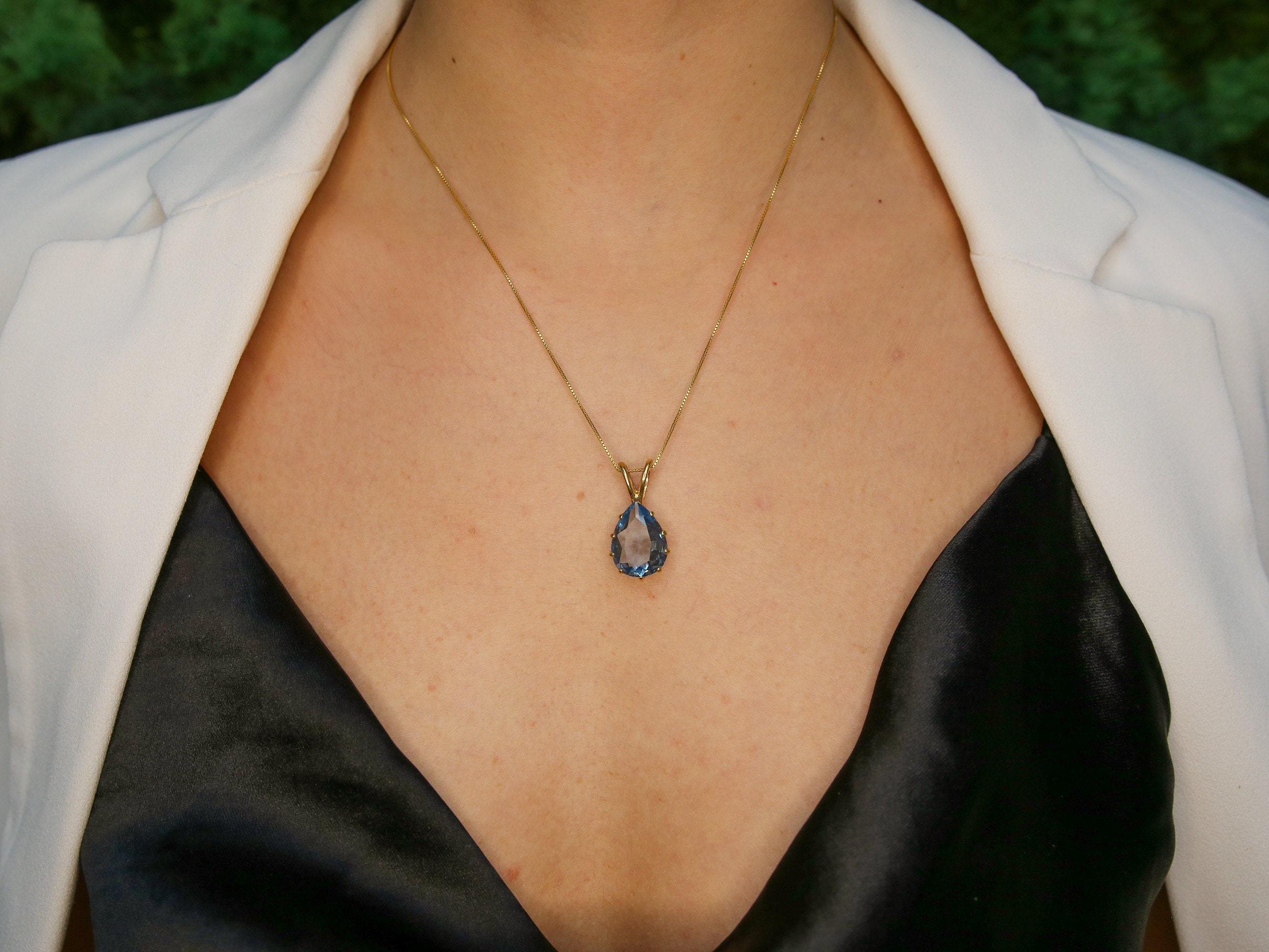 Aquamarine Pendant, Teardrop Pendant, Created Aquamarine, Aqua Necklace, Large Stone Pendant, Vintage Pendant, Blue Pendant, Solid Silver(1)