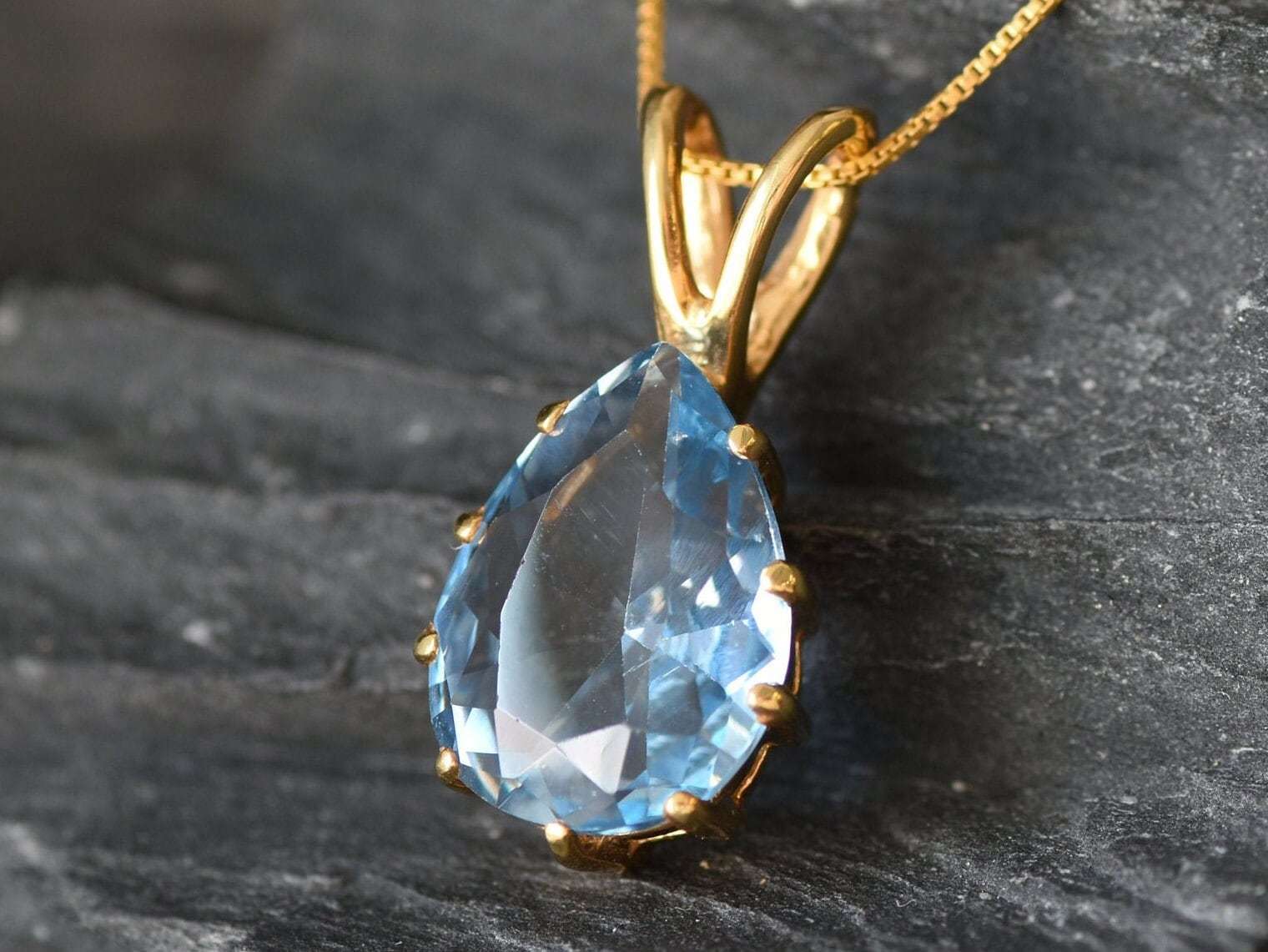 Aquamarine Pendant, Teardrop Pendant, Created Aquamarine, Aqua Necklace, Large Stone Pendant, Vintage Pendant, Blue Pendant, Solid Silver(1)