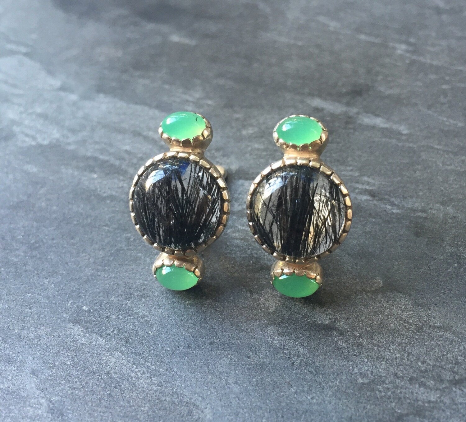 Quartz Earrings, Rutilated Quartz, Chrysoprase Earrings, Statement Earrings, Natural Chrysoprase, Black Rutilated, Solid Silver, Pure Silver