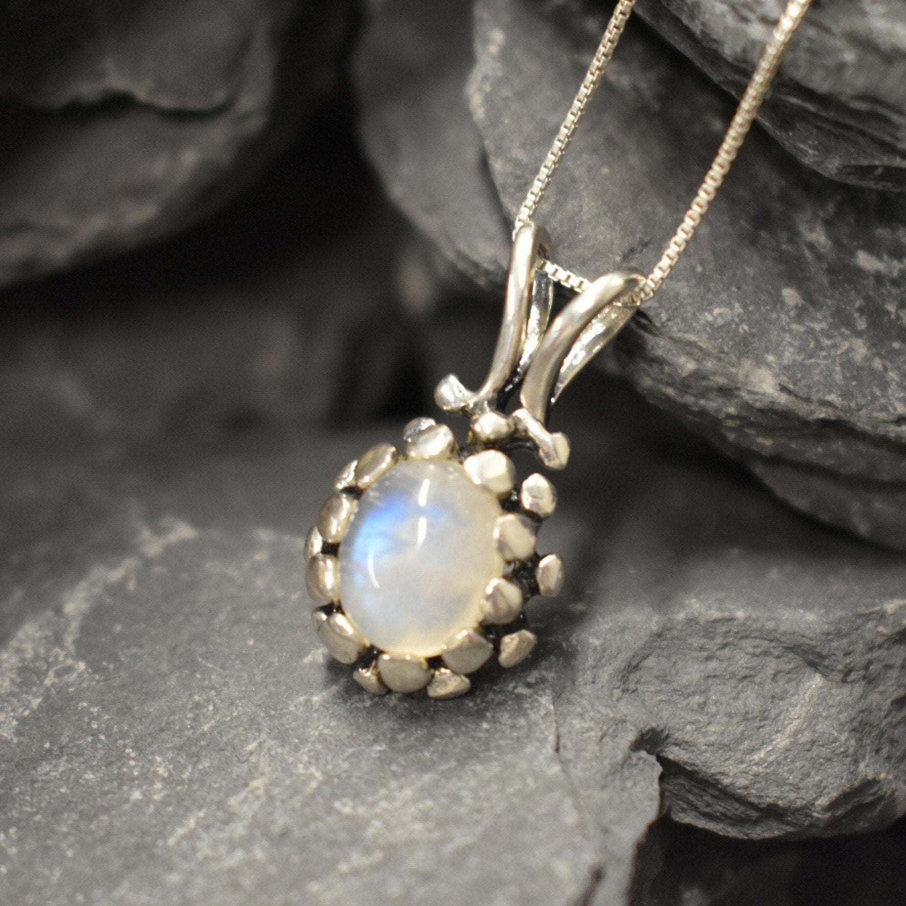 Moonstone Pendant, Rainbow Moonstone, Vintage Pendant, Dainty Necklace, June Birthstone, Pinecone Pendant, Gemstone Necklace, Silver Pendant