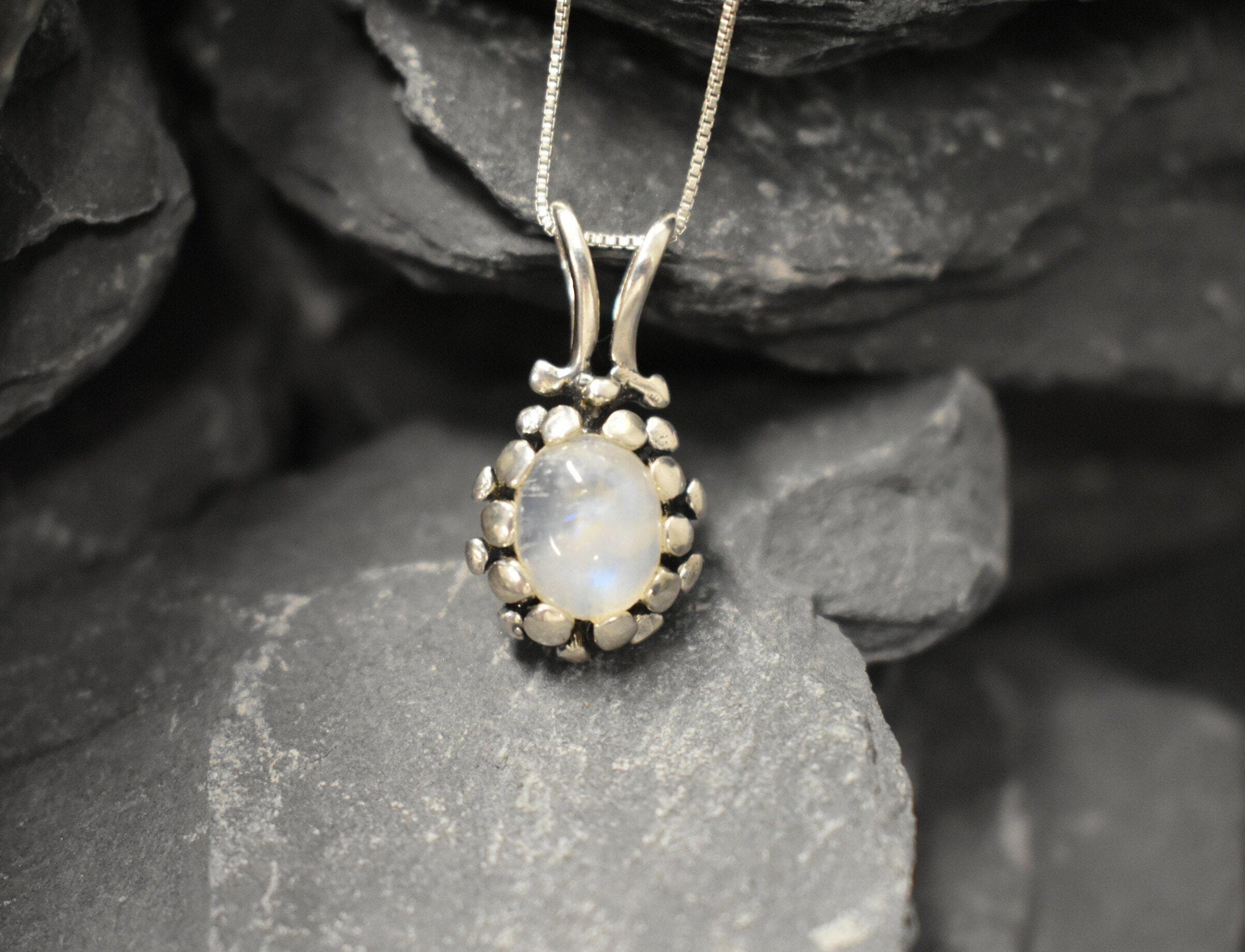 Moonstone Pendant, Rainbow Moonstone, Vintage Pendant, Dainty Necklace, June Birthstone, Pinecone Pendant, Gemstone Necklace, Silver Pendant