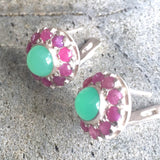 Ruby Flower Earrings - Victorian Silver Studs - Chrysoprase Earrings