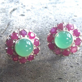 Ruby Flower Earrings - Victorian Silver Studs - Chrysoprase Earrings