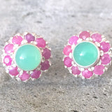 Ruby Flower Earrings - Victorian Silver Studs - Chrysoprase Earrings