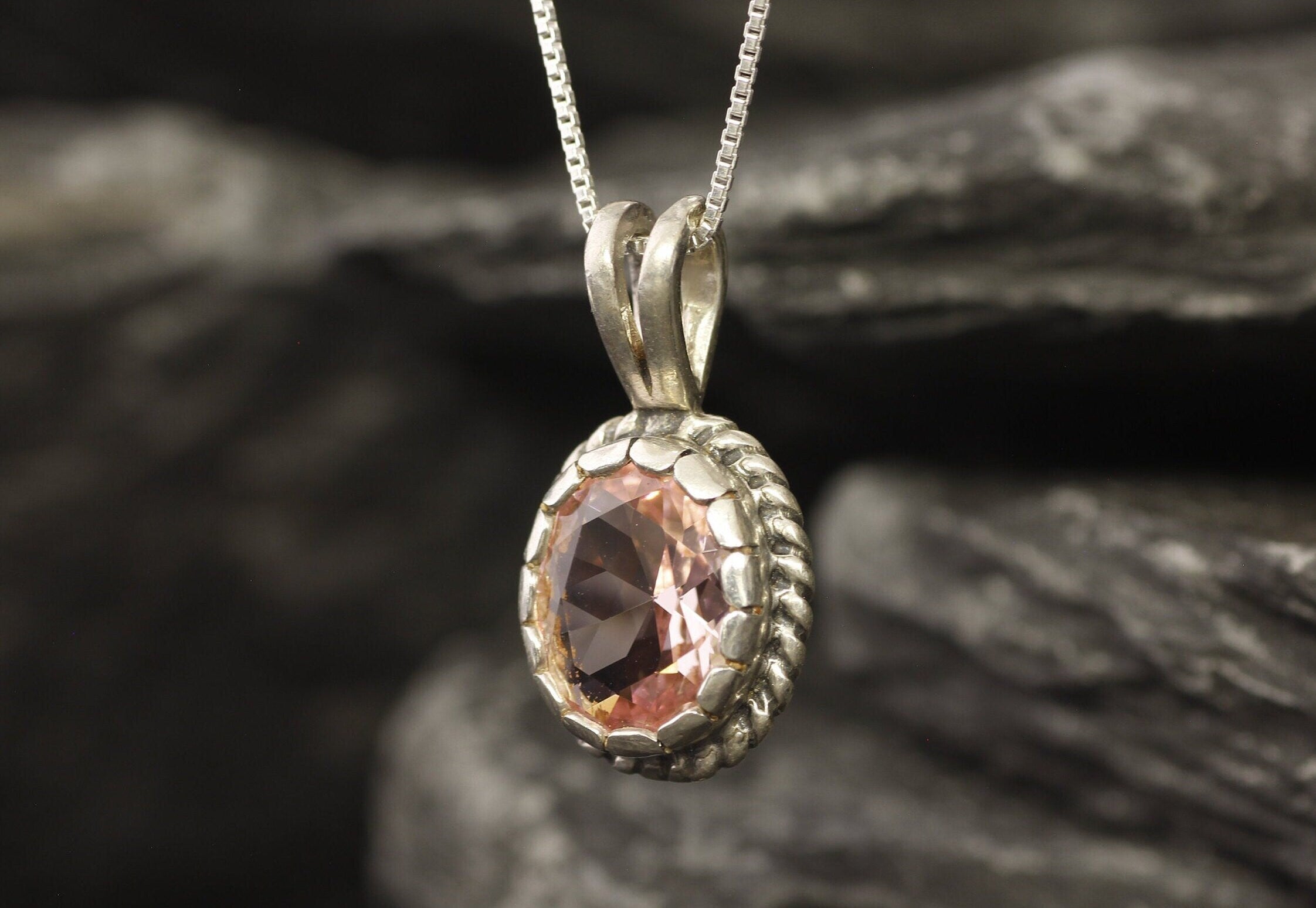 Morganite Necklace, Created Morganite, Small Oval Pendant, Pink Diamond Pendant, Vintage Pendant, Dainty Pink Pendant, Solid Silver Necklace